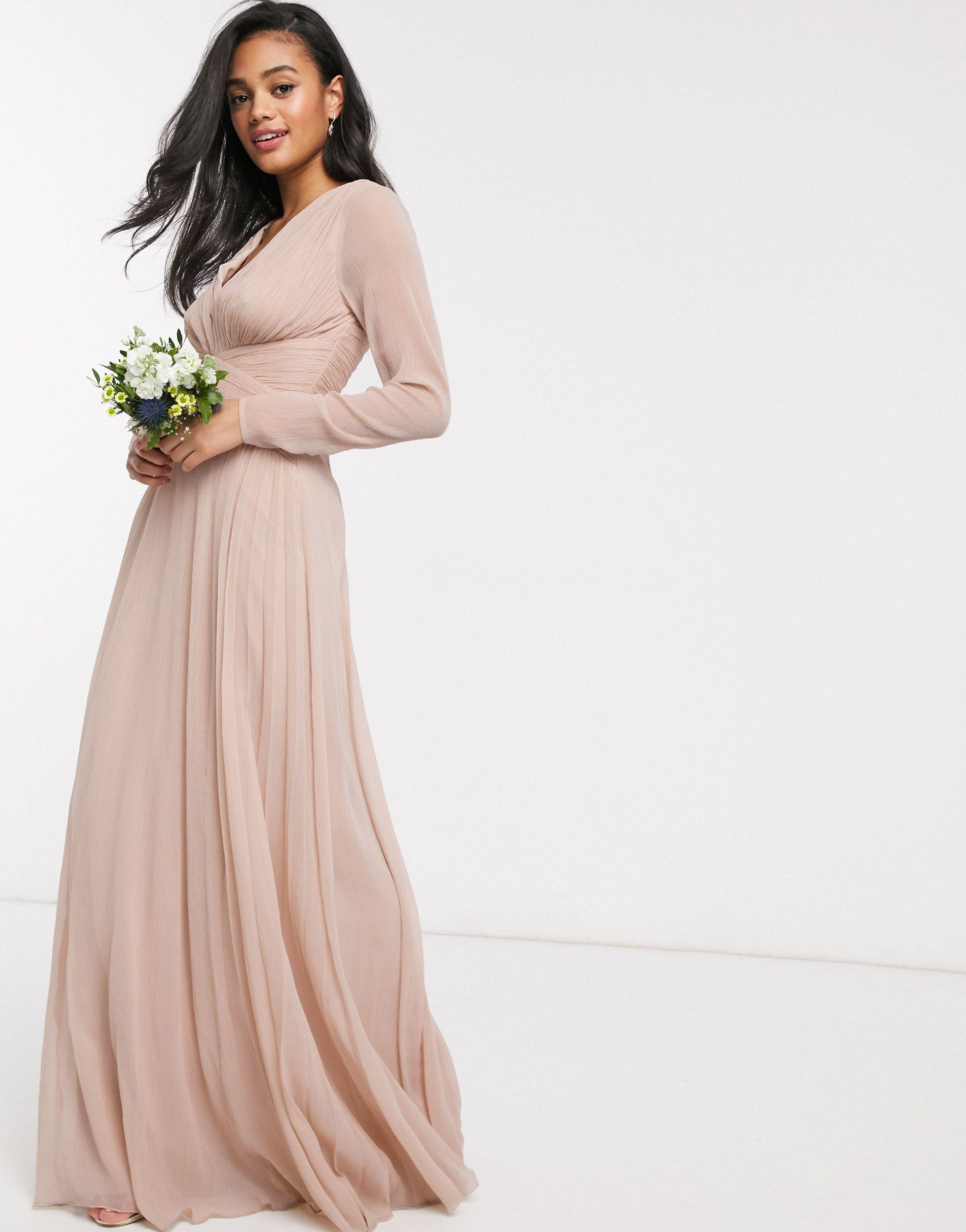 ASOS Synthetic Bridesmaid Ruched Waist Maxi Dress With Long Sleeves And  Pleat Skirt-multi in Pink - Lyst
