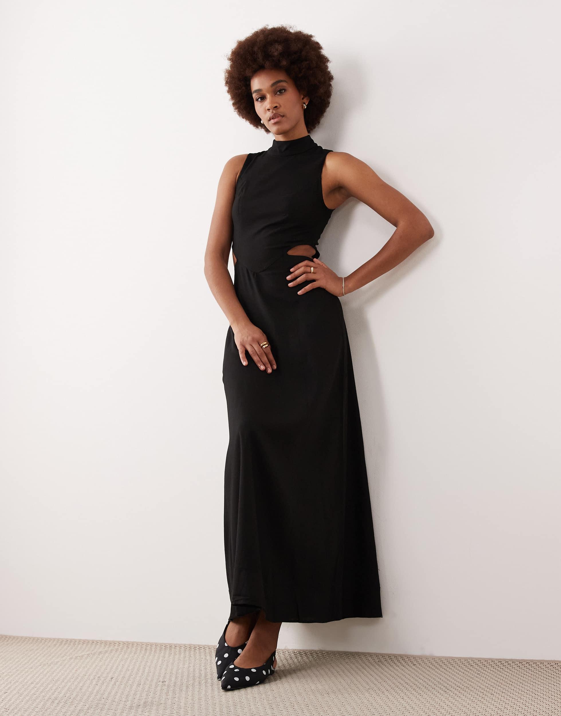 ASOS Asos Design Tall High Neck Linen Look Midaxi Dress With Cutout Waist in Black | Lyst ASOS Asos Design Tall High Neck Linen Look Midaxi Dress With Cutout Waist in Black | Lyst