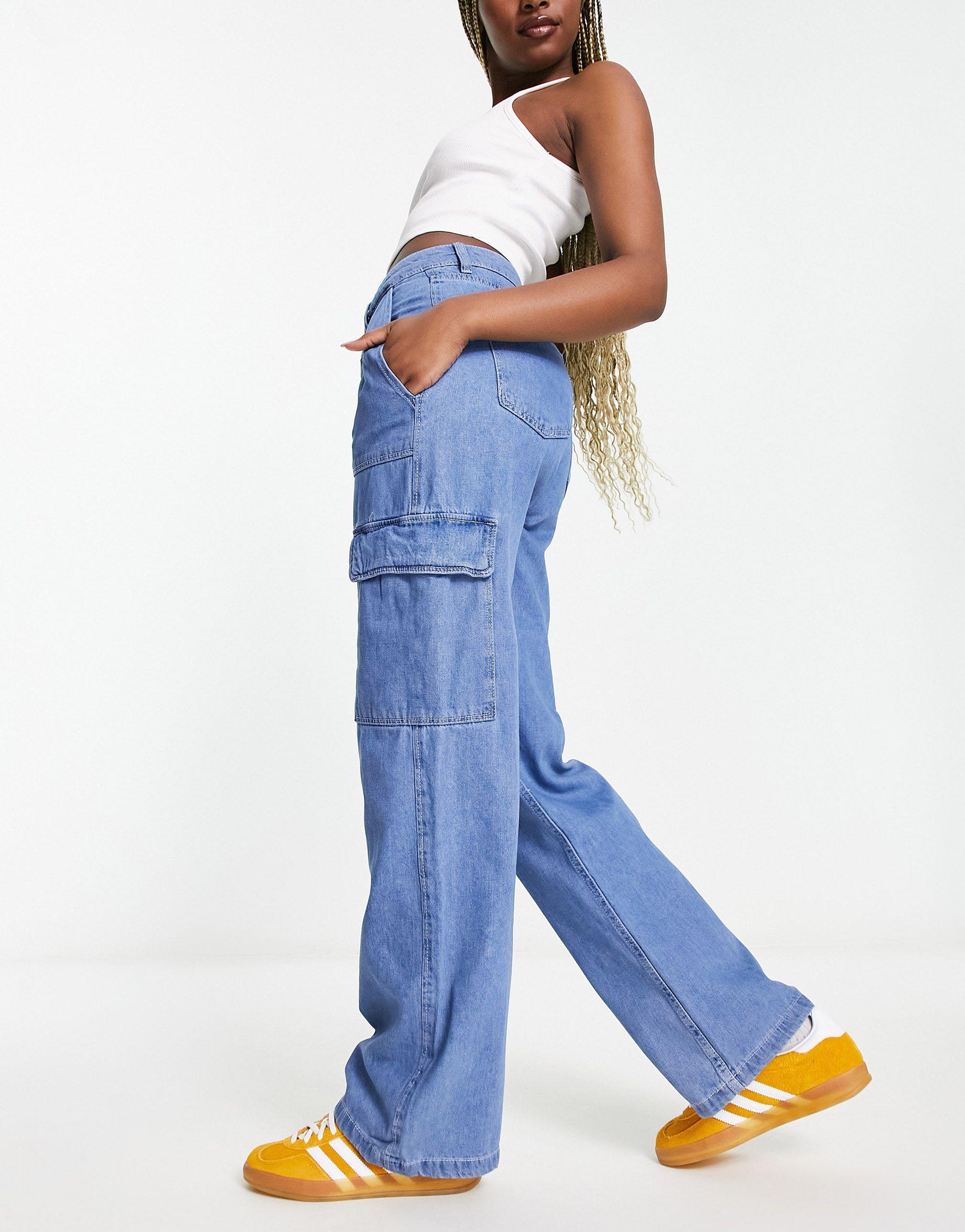 Bershka High Waisted Contrast Stitch baggy Cargo Jeans in Blue | Lyst