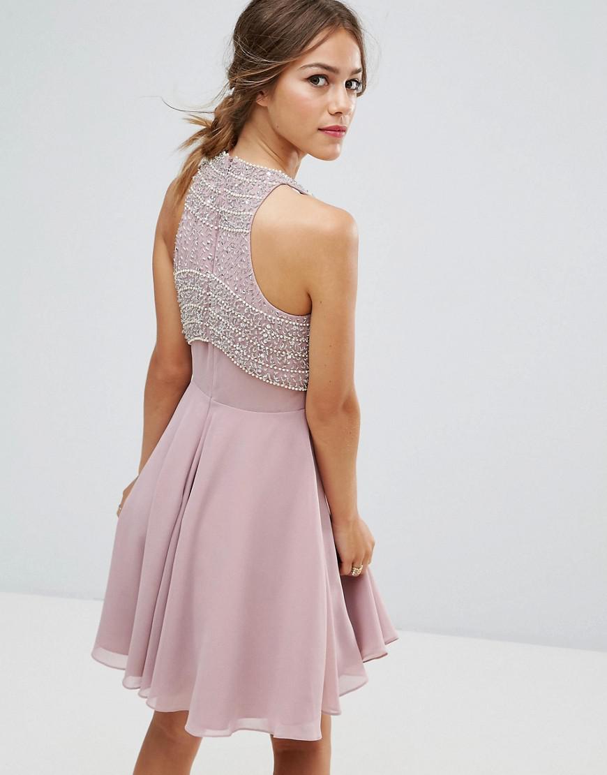 Lyst - Asos Crop Top Embellished Skater Dress in Pink