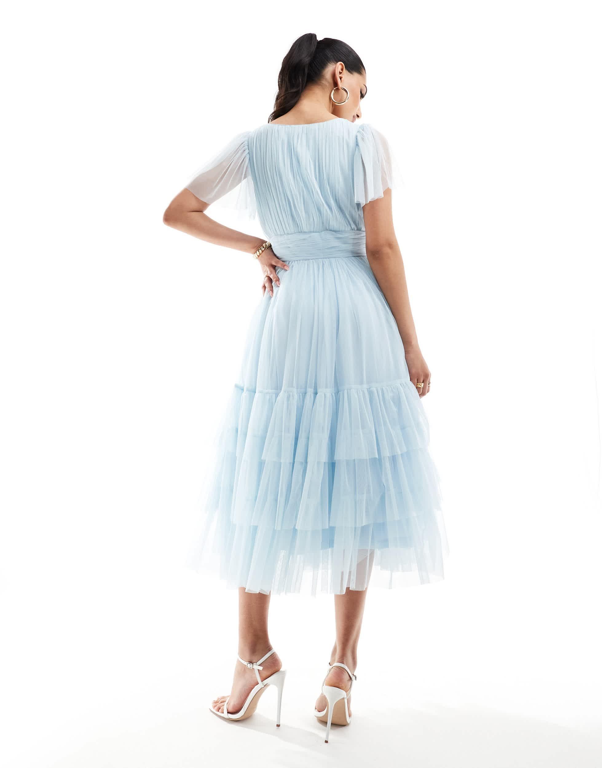 LACE & BEADS Bridesmaid Madison V Neck Tulle Midi Dress in Blue | Lyst