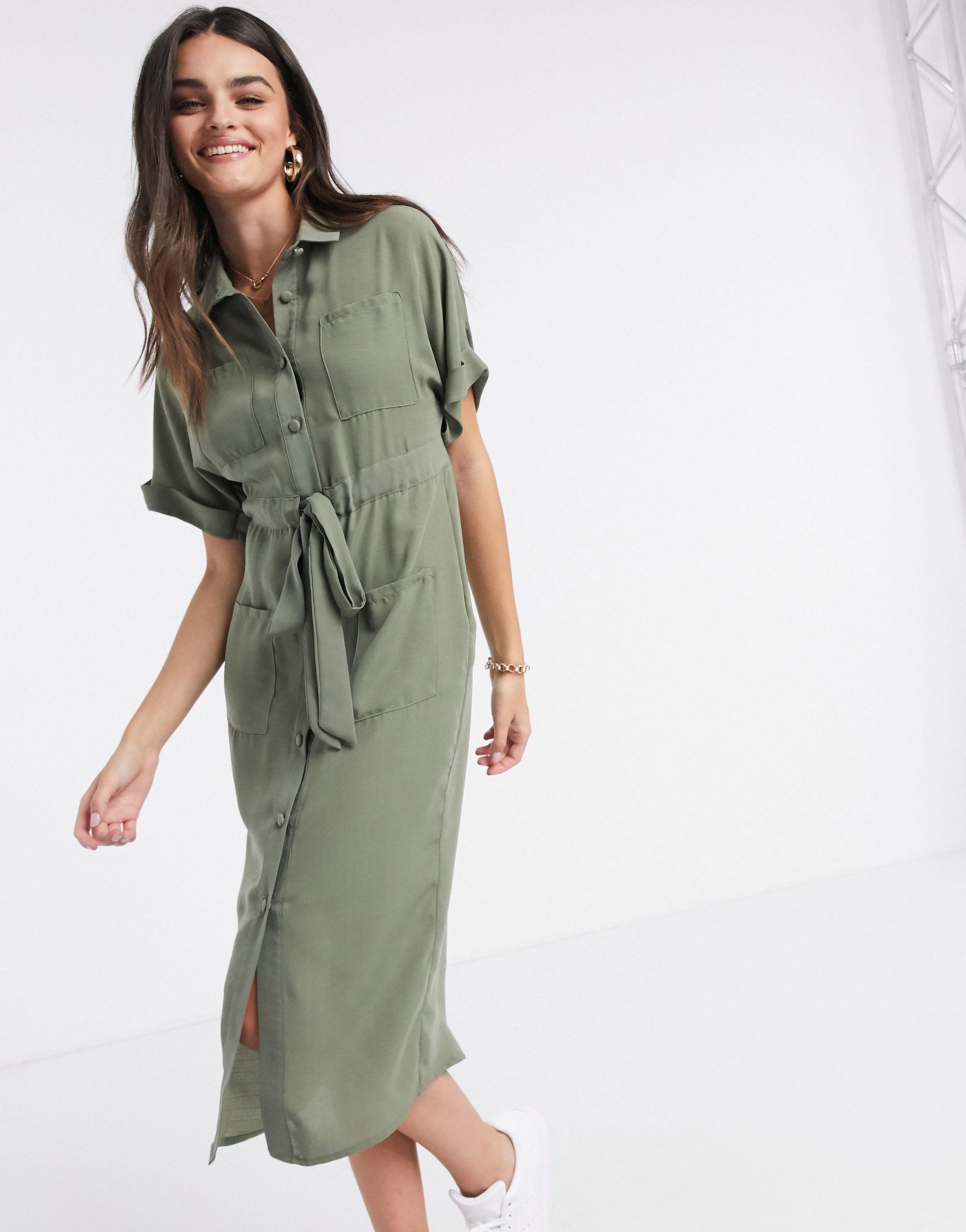 belted utility midi shirt dress