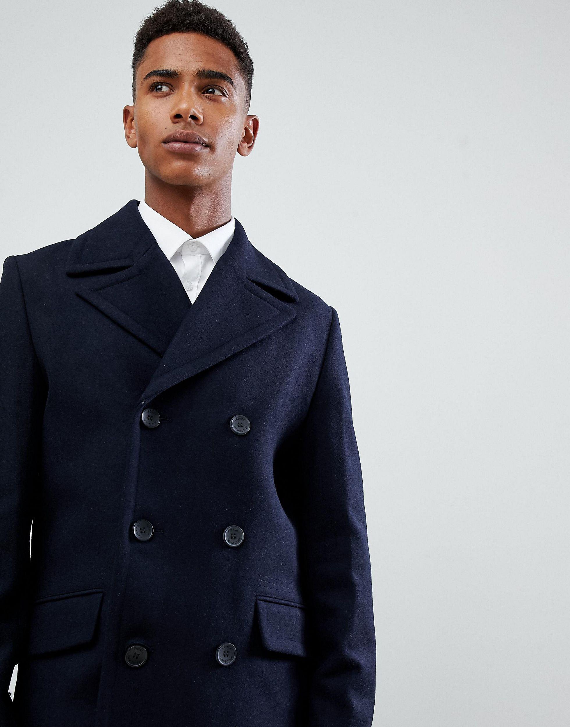 French Connection Wool Blend Double Breasted Pea Coat in Navy (Blue) for  Men - Lyst