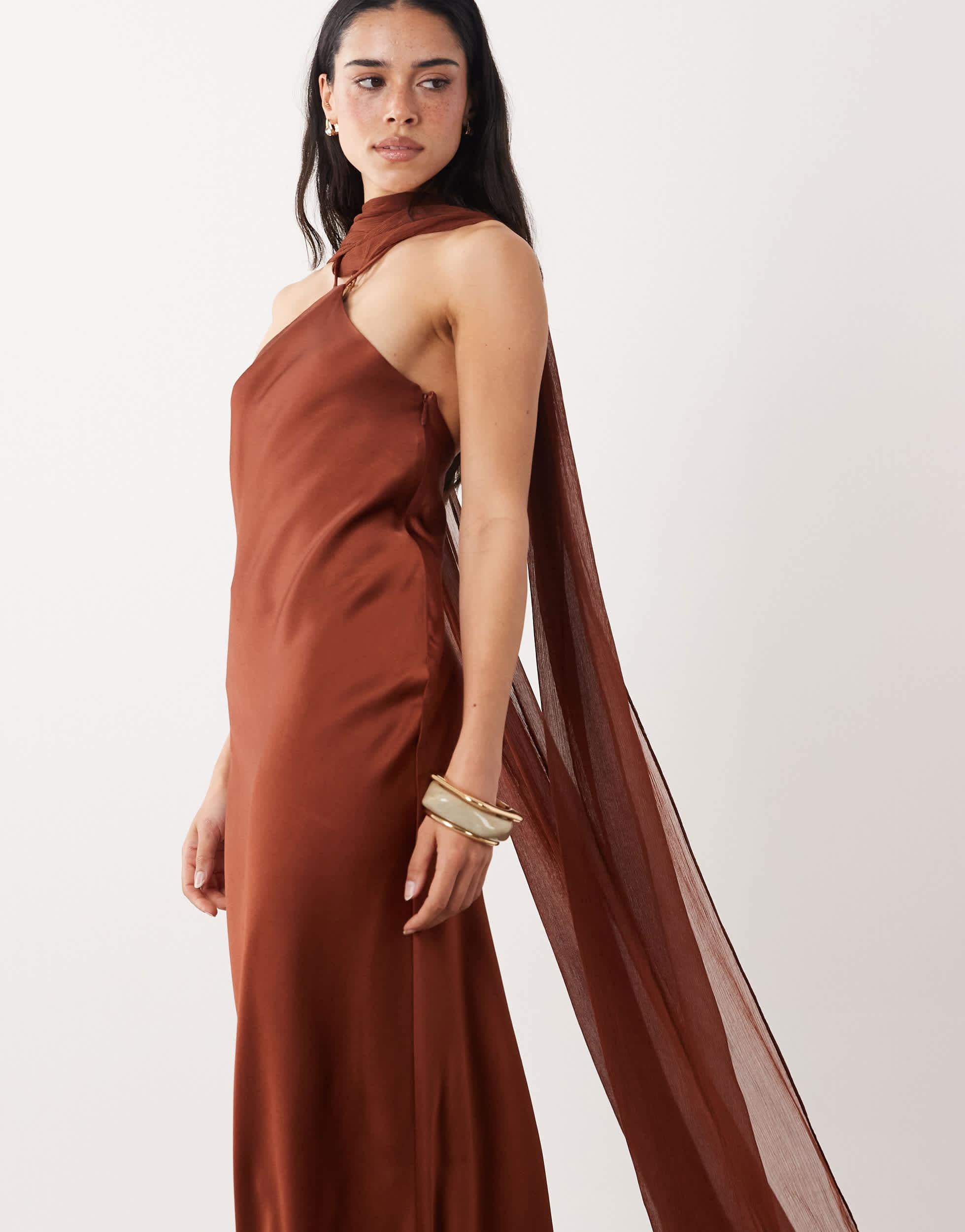 mango brown dress Capule Satin Maxi With Scarf in mango brown maxi dress neck and fixed straps Size:17.5 / 36 Girls toddlers Barbie Mix events