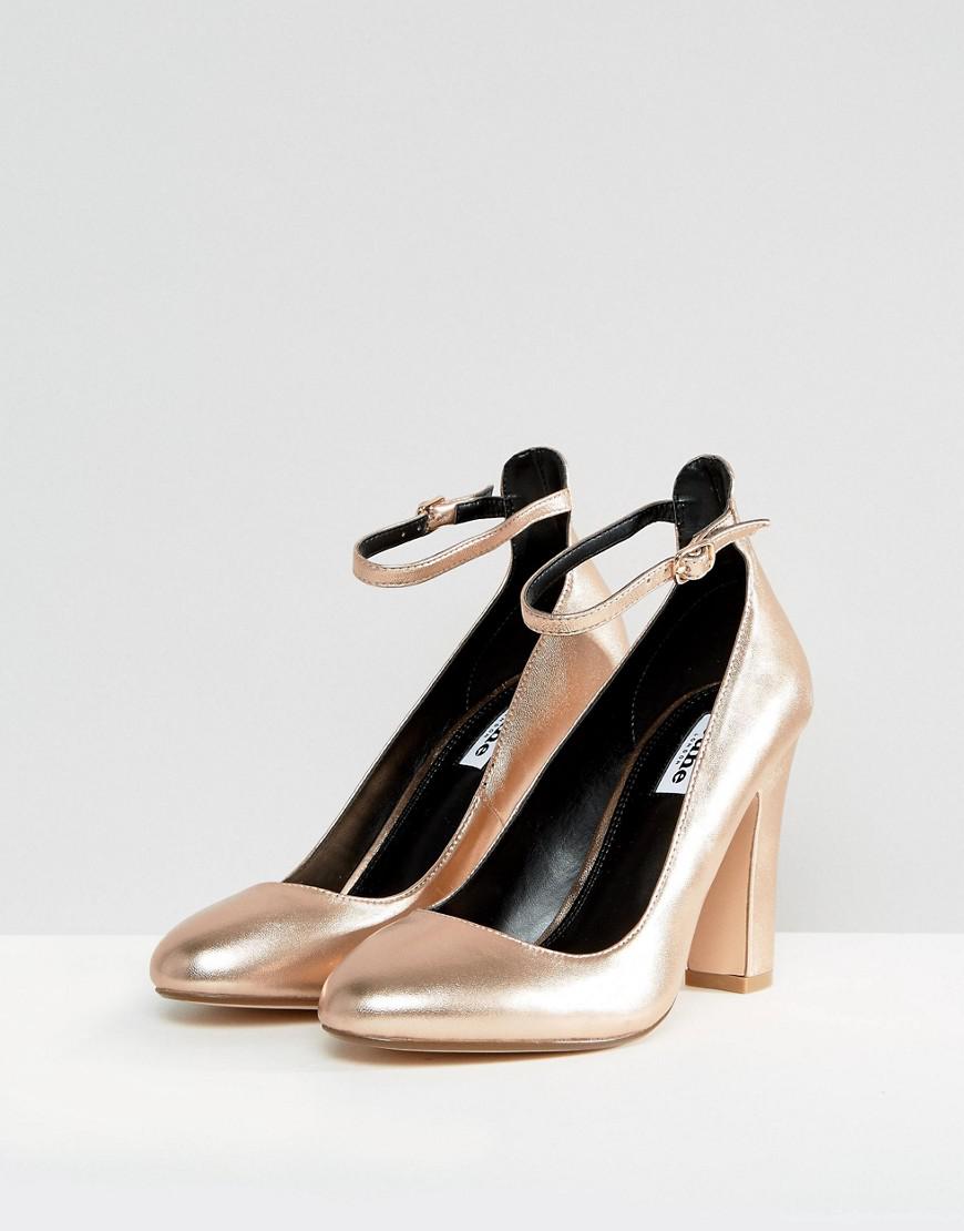 Dune Aalto Rose Gold Block Heeled Shoes in Metallic | Lyst