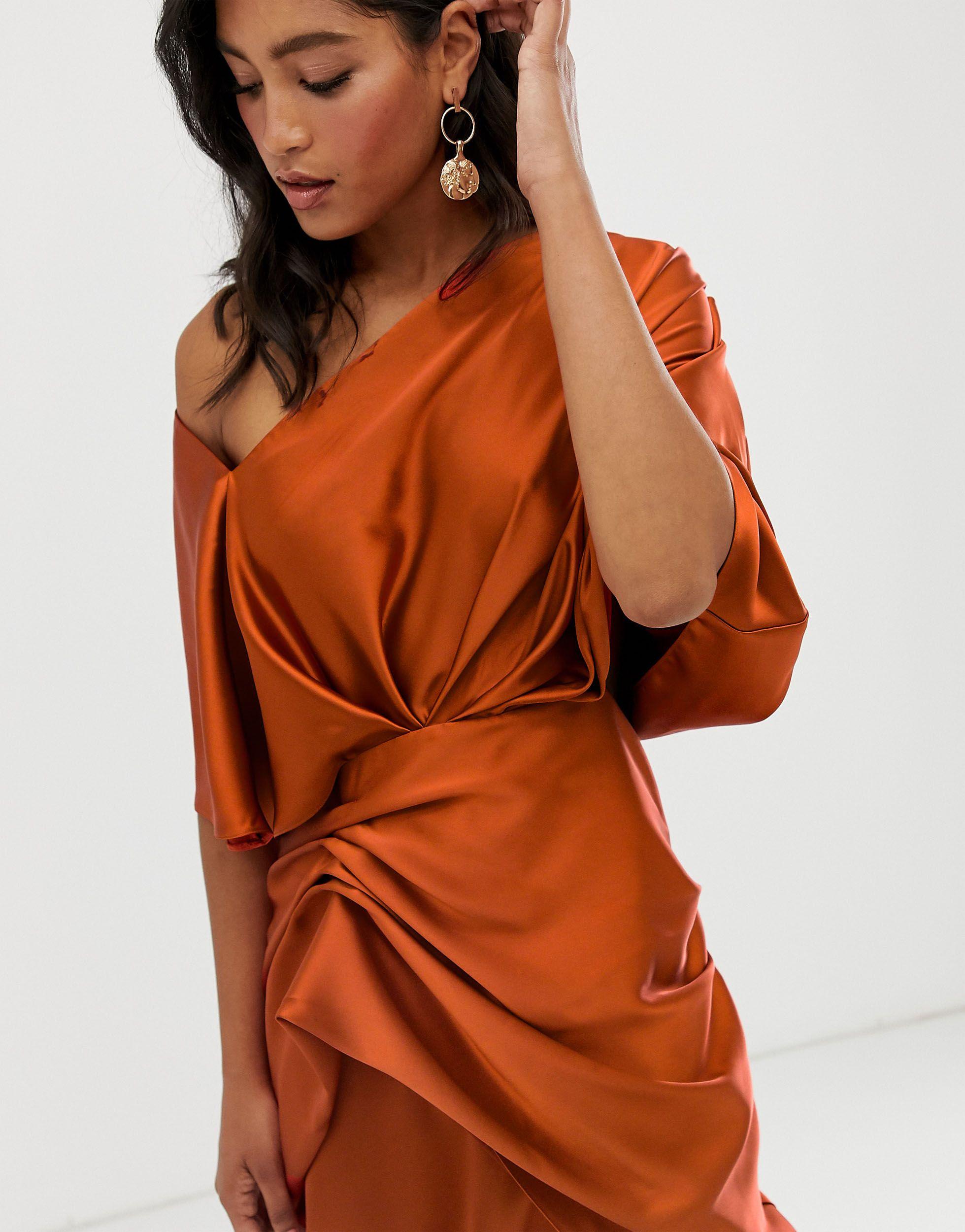 ASOS Drape Asymmetric Midi Dress in Orange | Lyst