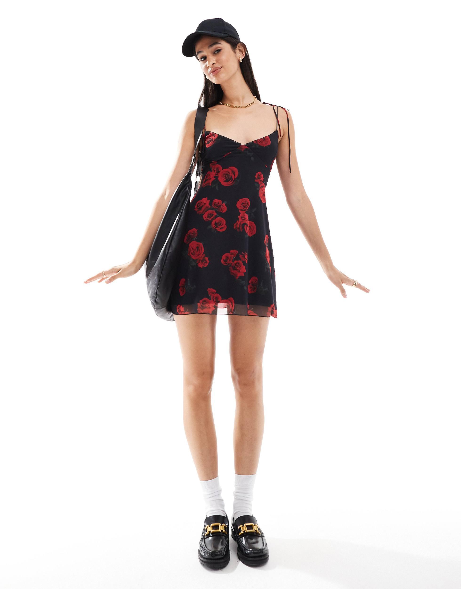 Bershka Rose Print Strappy Mini Dress in Black | Lyst Bershka Rose Print Strappy Mini Dress in Black | Lyst
