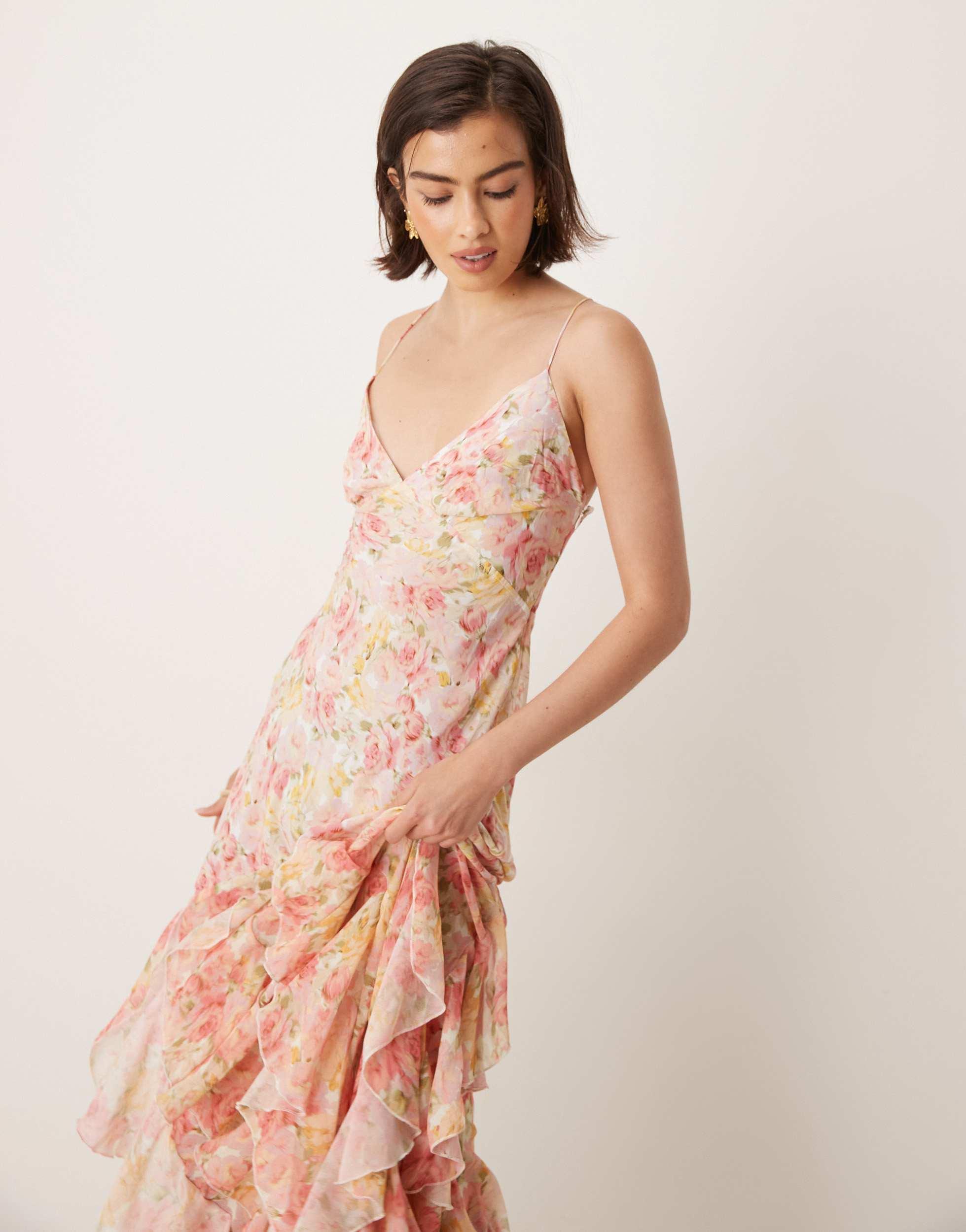 For Love & Lemons Elea Ruffle Maxi Dress With Lace Up Back in Pink | Lyst For Love & Lemons Elea Ruffle Maxi Dress With Lace Up Back in Pink | Lyst