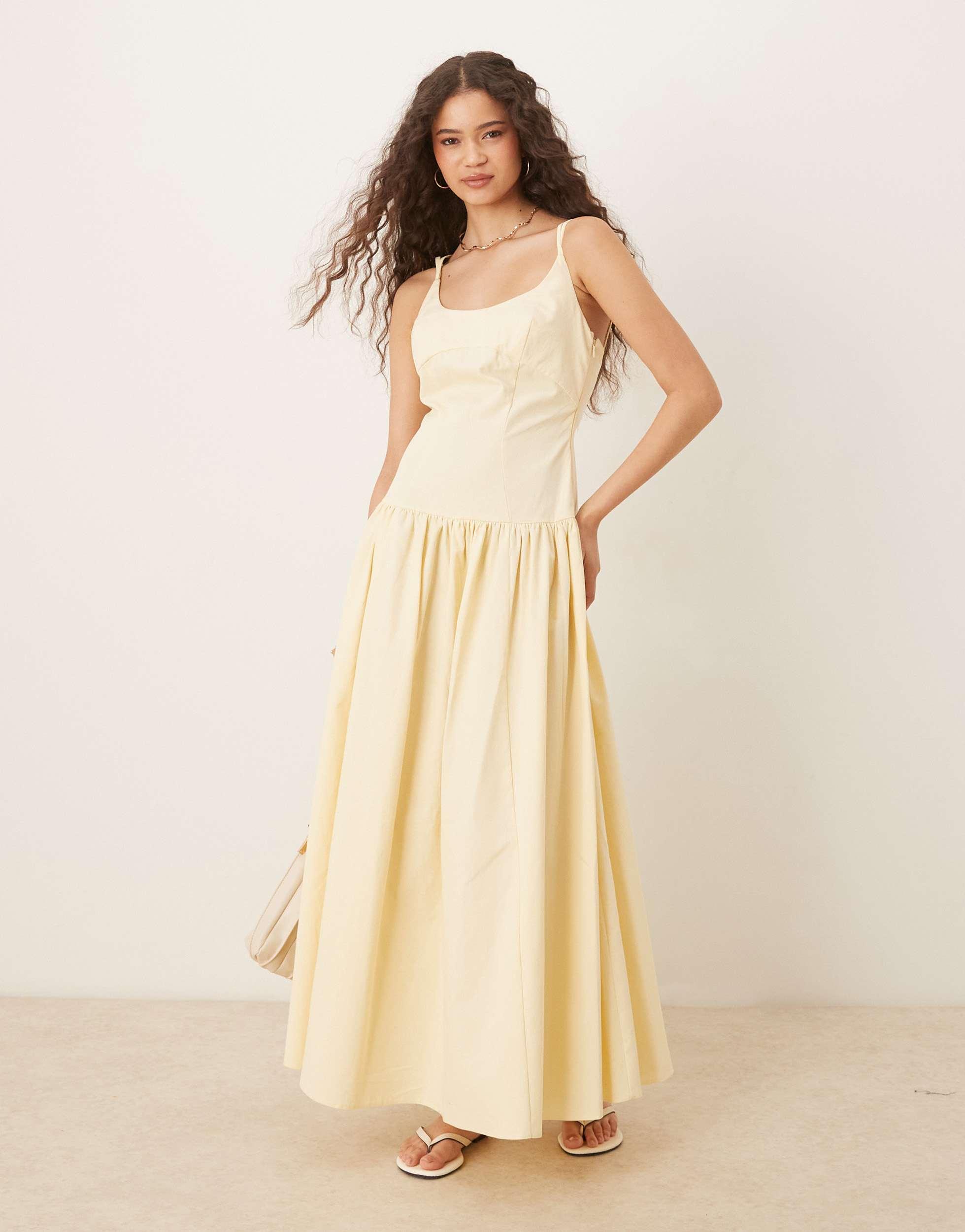 asos strappy midi dress ASOS Design Gathered Bust Strappy Cross Back Midi Dress in Yellow floral print