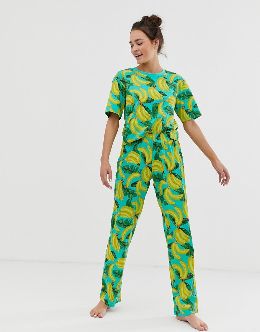 ASOS Cotton Mix & Match Pyjama Banana Jersey Trouser in Green Save 30