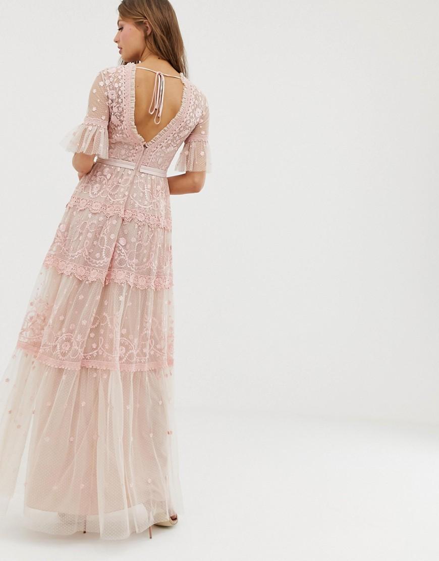 needle & thread embroidered midi dress with flutter sleeve in ivory