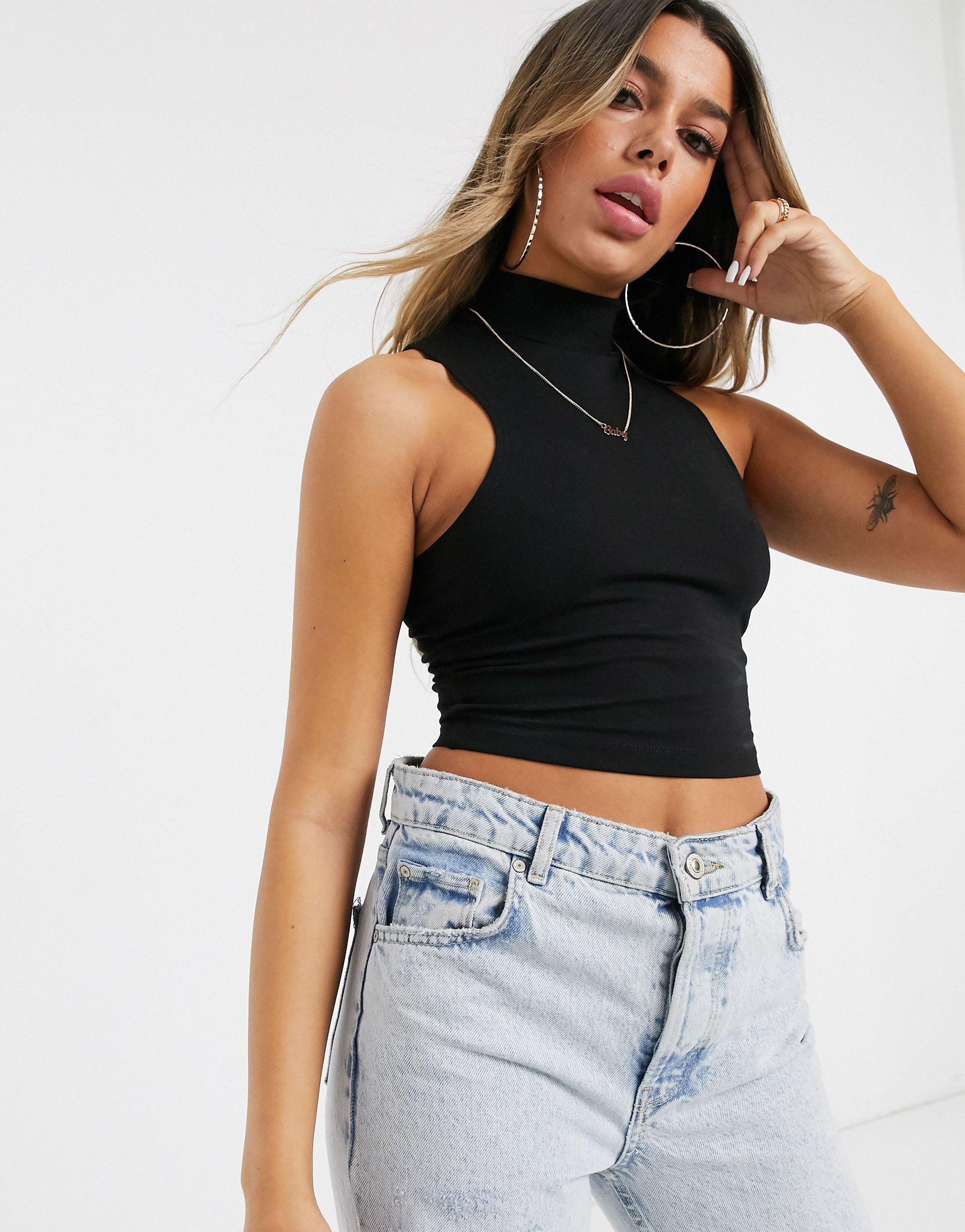 ASOS Sleeveless Crop Top With High Neck in Black | Lyst