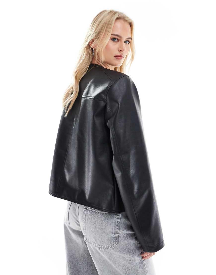 ASOS Asos Design Tall Collarless Clean Leather Look Jacket in Blue