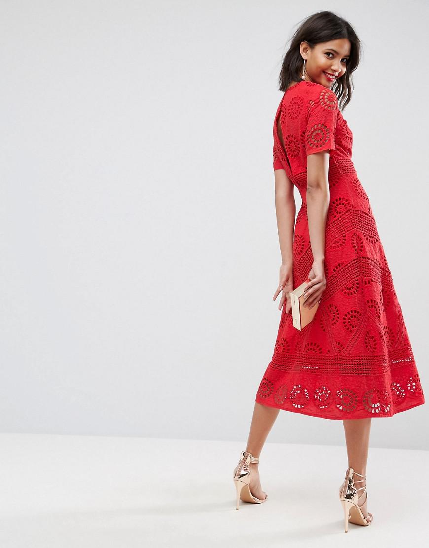 ASOS Premium Midi Dress In Broderie Fabric in Red | Lyst
