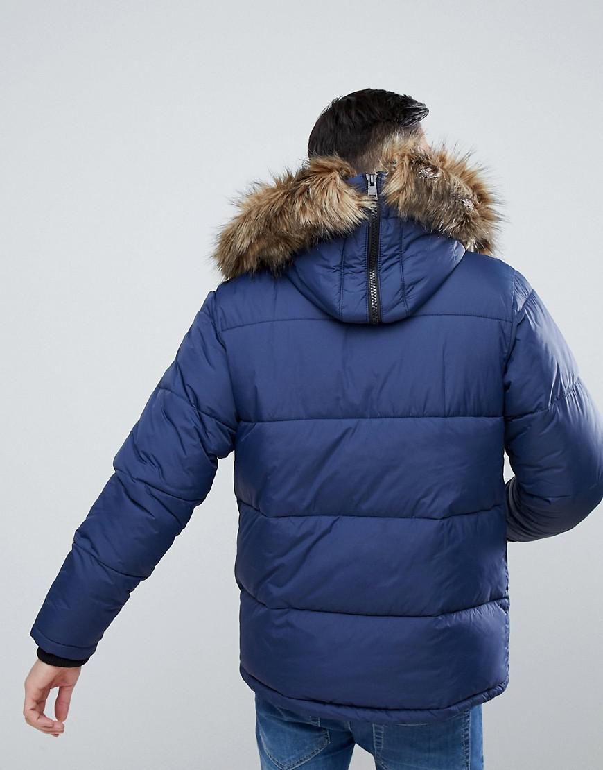 River Island Denim Puffer Jacket With Faux Fur Hood In Blue for Men Lyst