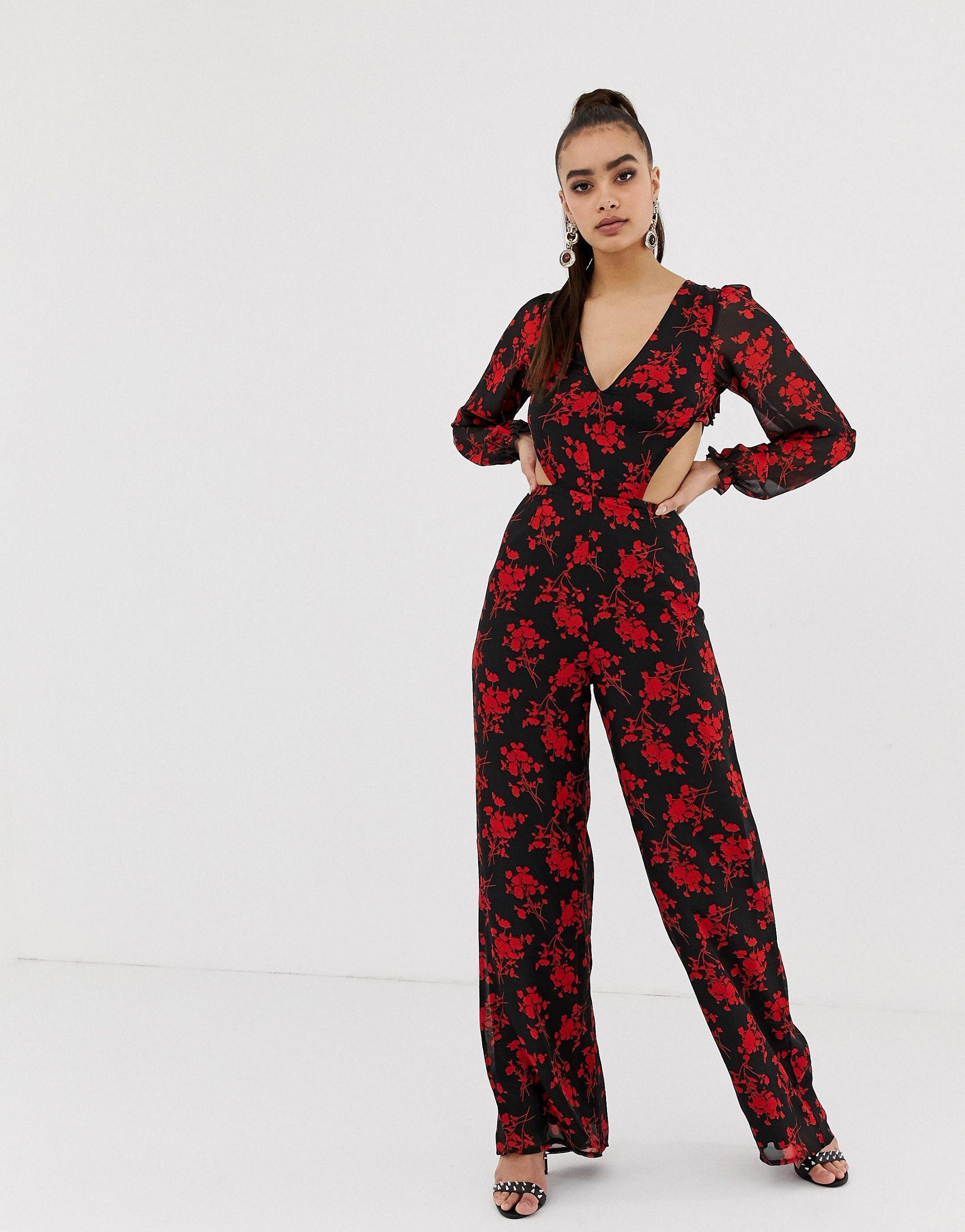 Missguided Synthetic Floral Frill Open Back Jumpsuit in Black - Lyst