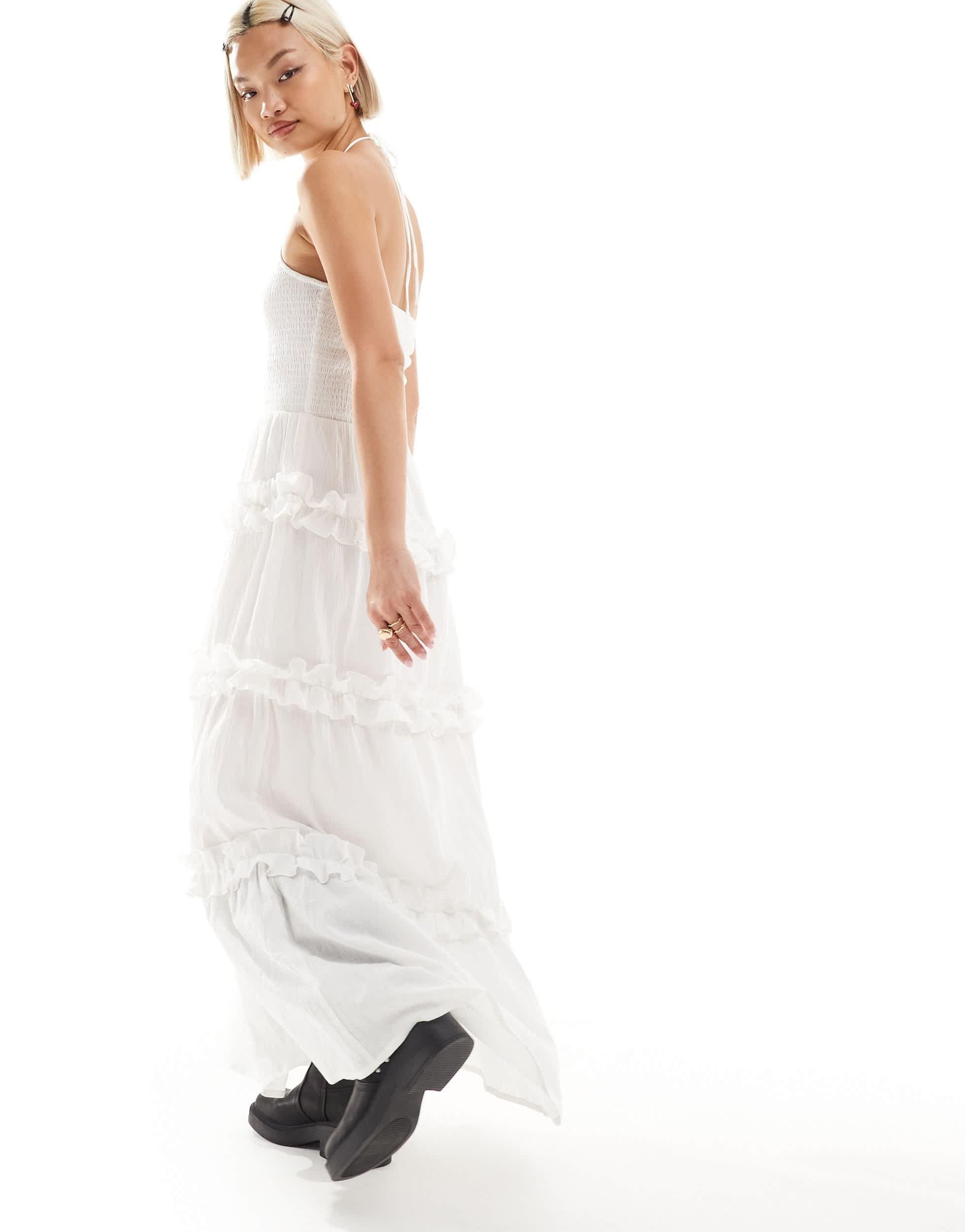 Robe d ete longue en coton froisse avec fonces et dos nu Collusion en coloris Blanc Lyst