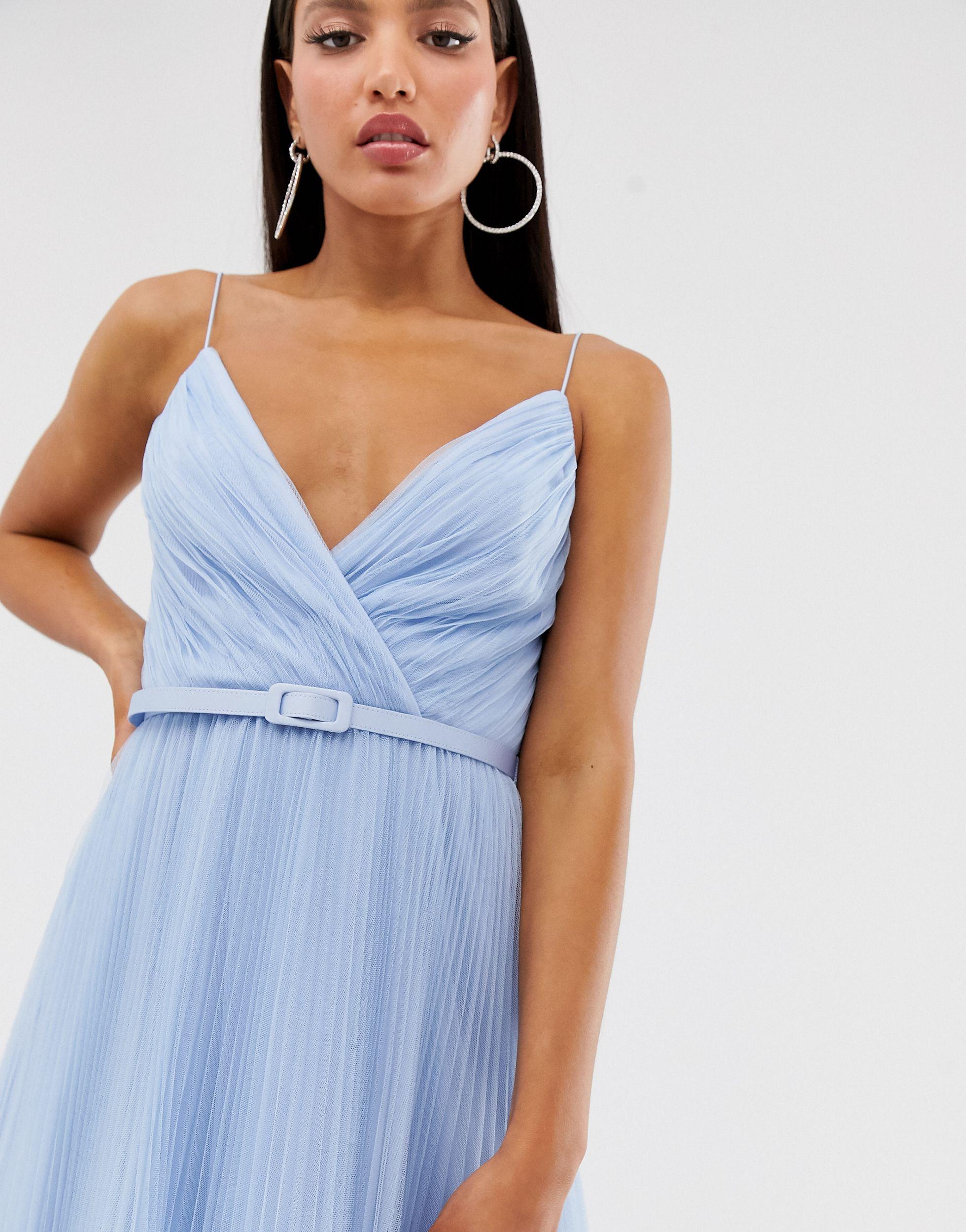 asos design belted pleated tulle cami midi dress