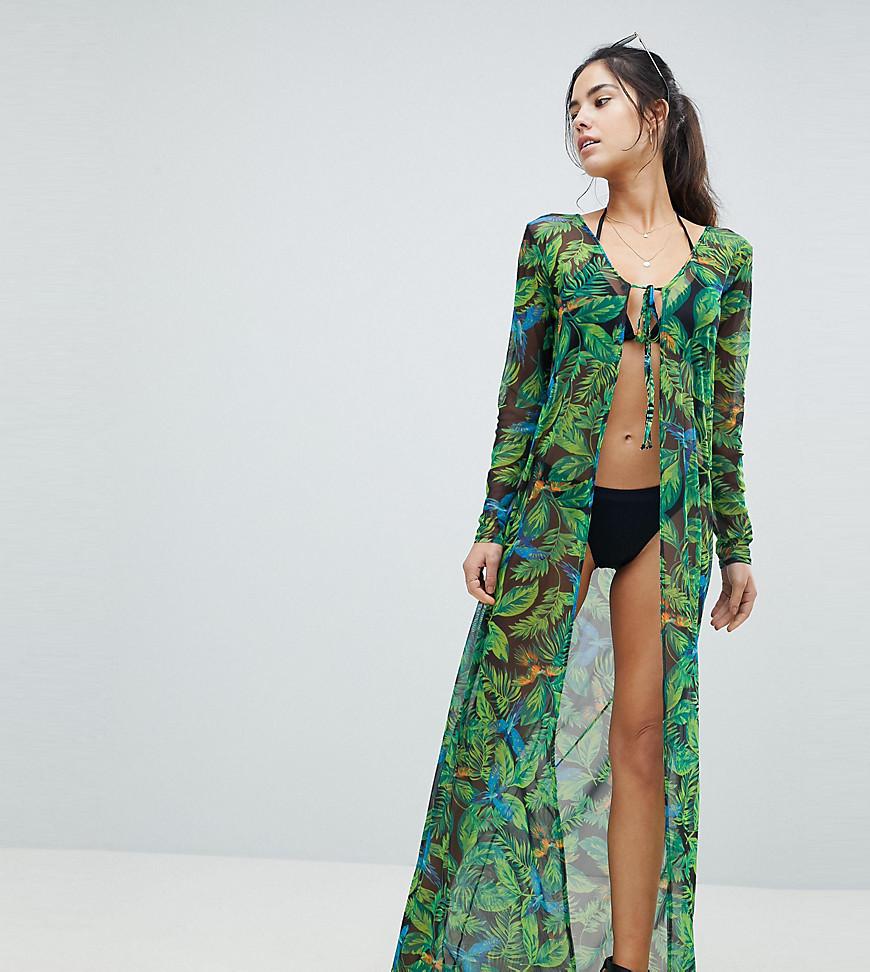 PrettyLittleThing Tropical Maxi Beach Cover Up in Green | Lyst UK