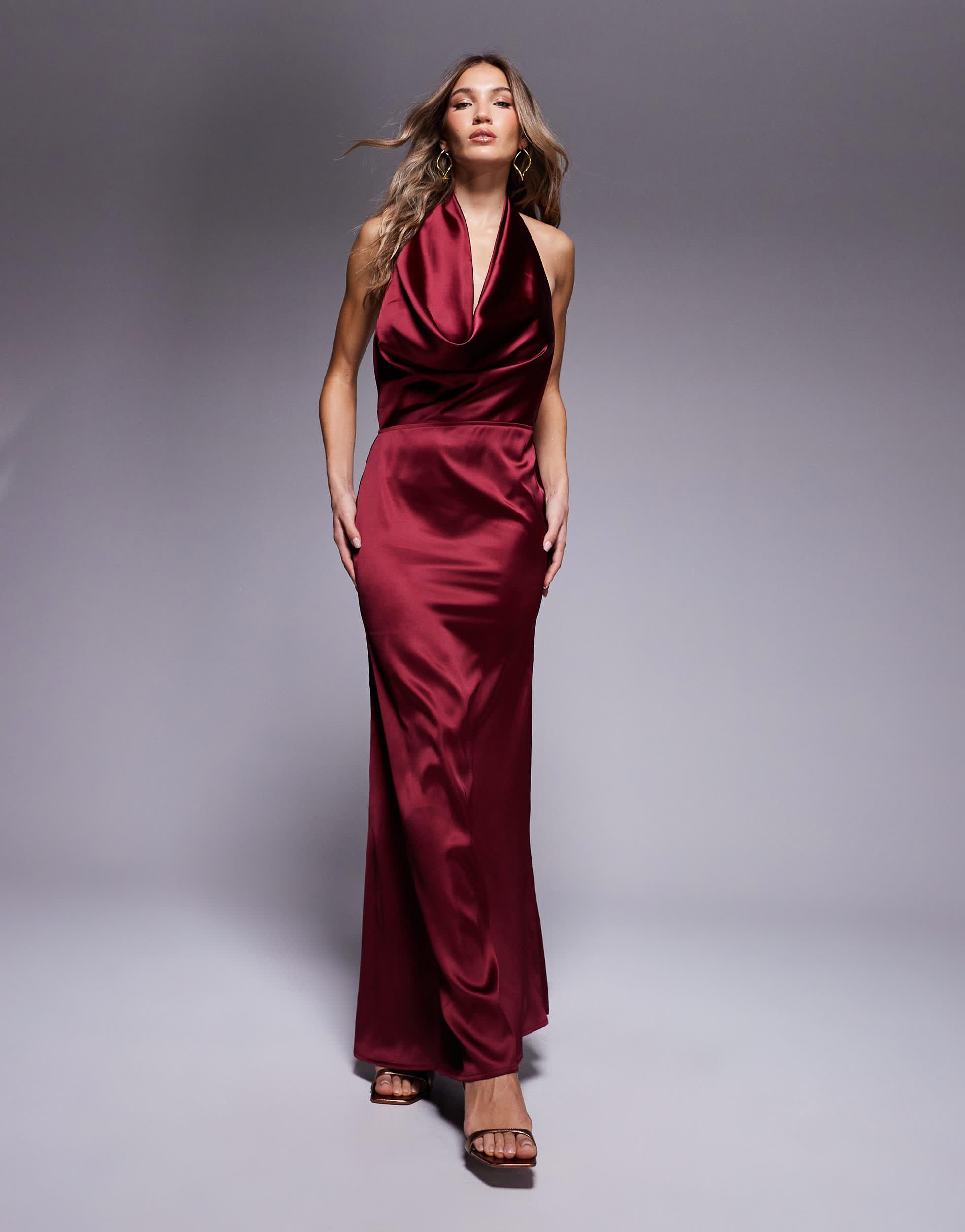 open lace back dress Satin Plunge Waist-Tie Maxi Dress main image 0