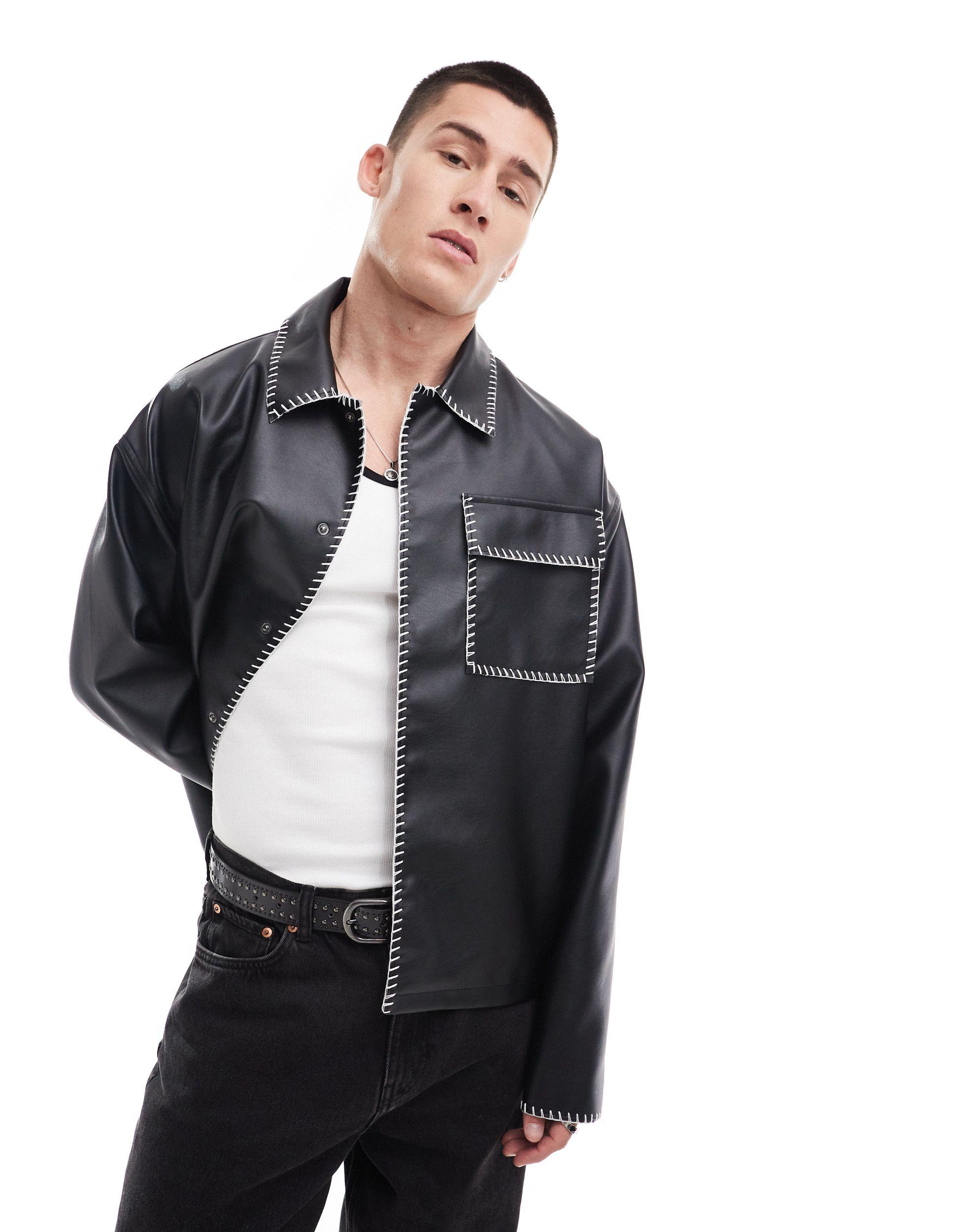 ASOS Oversized Faux Leather Harrington Jacket With Contrast Stich in