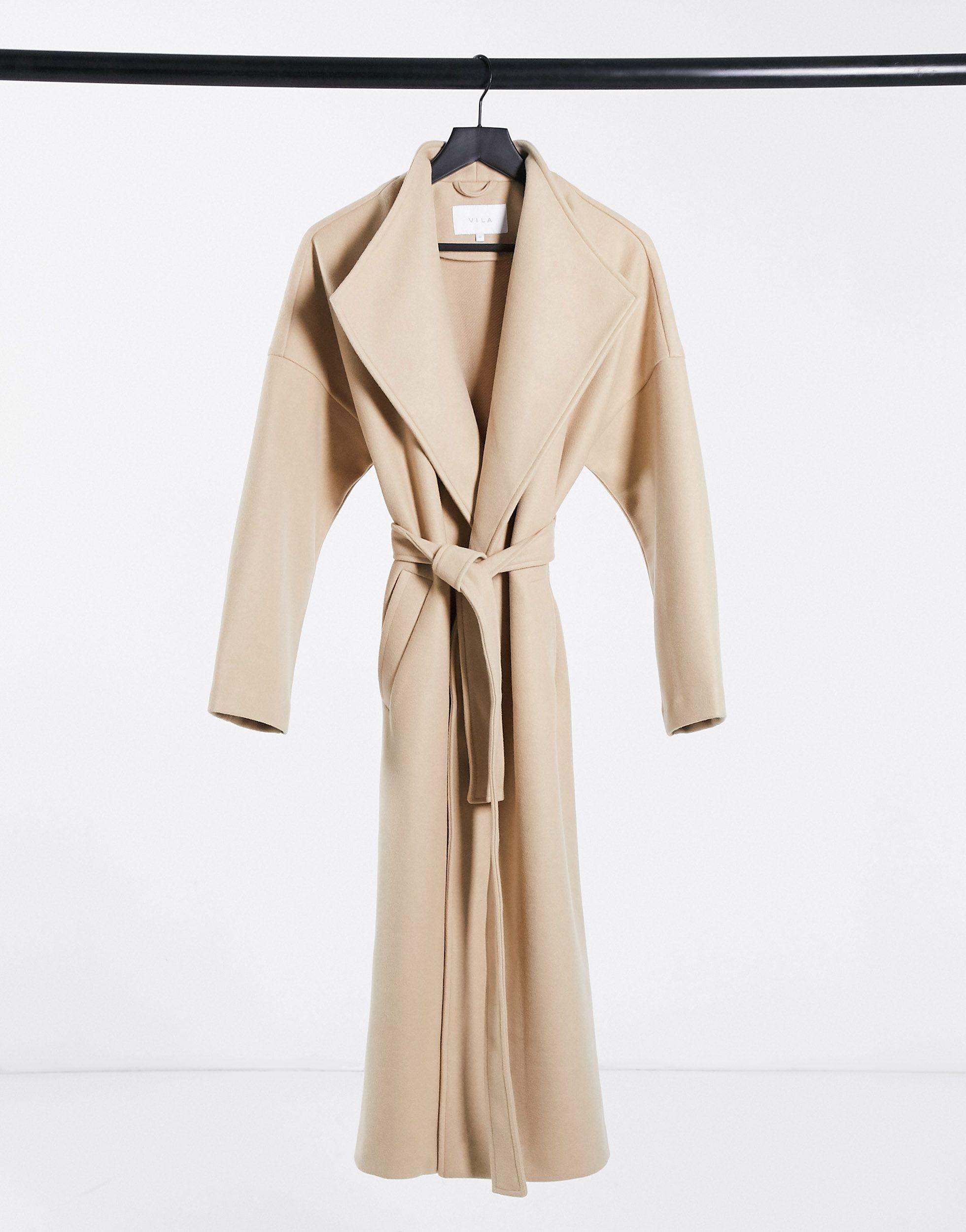 Vila Synthetic Waterfall Maxi Coat With Tie Waist in Natural - Lyst