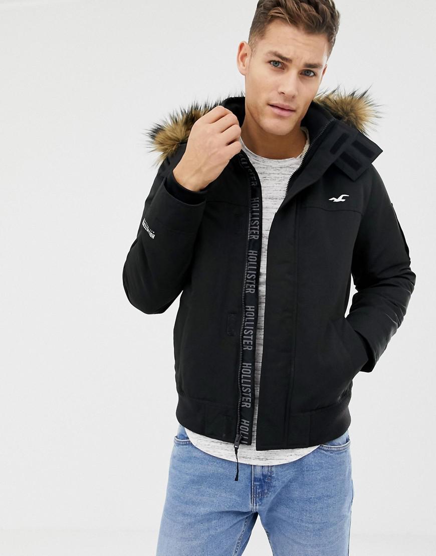 Hollister All Weather Fleece Lined Hooded Bomber Faux Fur Trim In Black for  Men | Lyst
