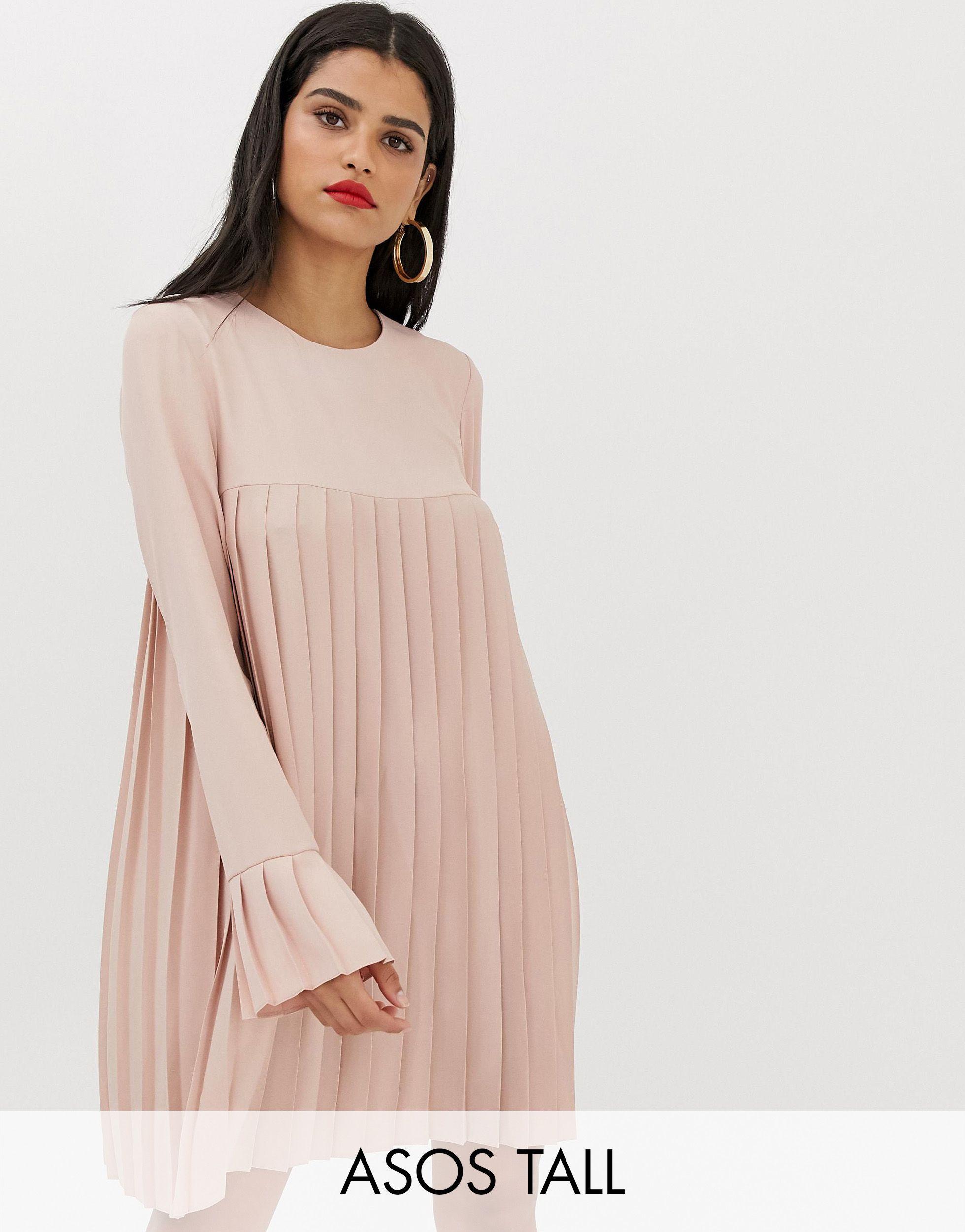 ASOS Asos Design Tall Pleated Trapeze Mini Dress With Long Sleeves in Pink  | Lyst