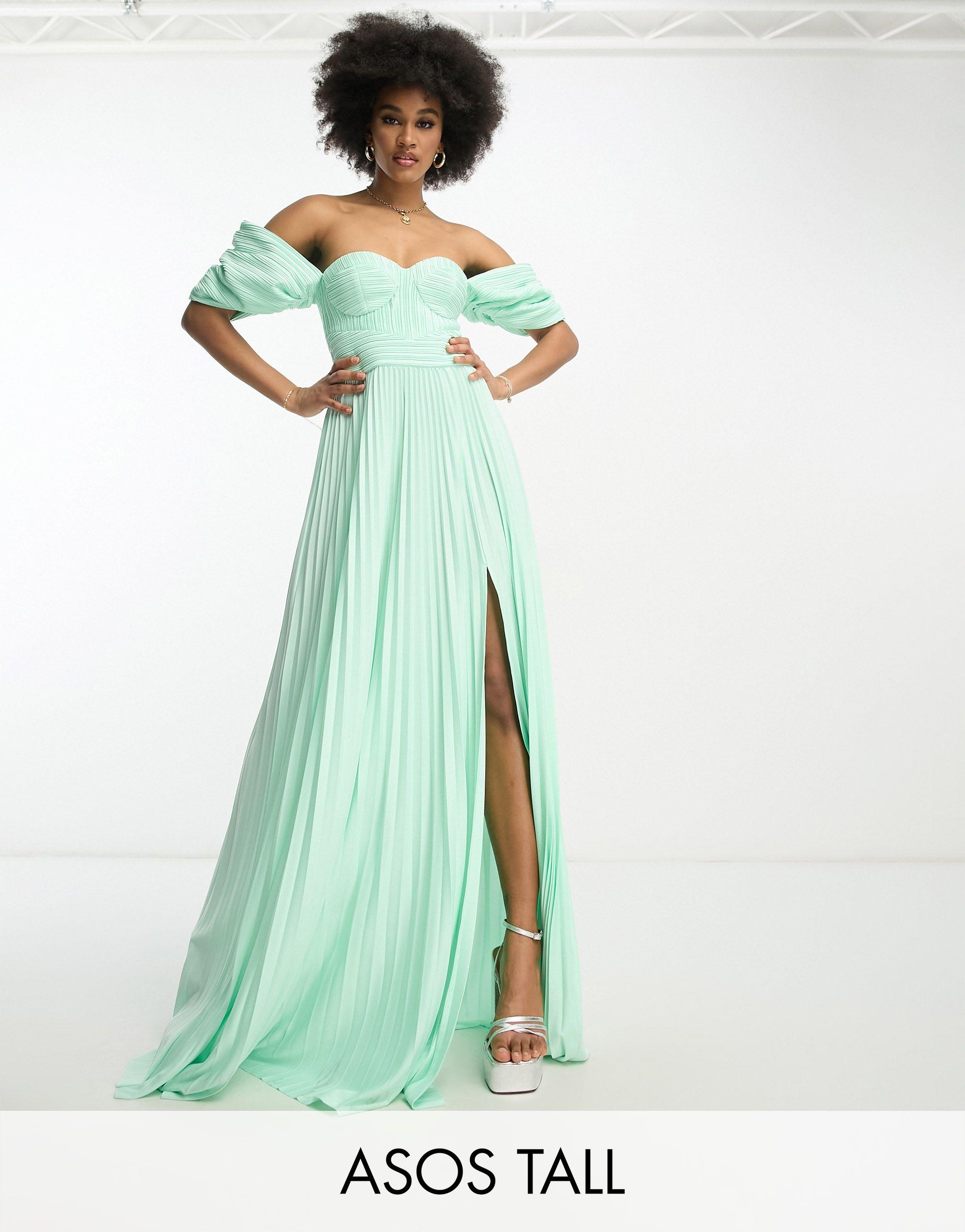 ASOS Asos Design Tall Sweetheart Neck Off Shoulder Pleated Maxi Dress in  Green | Lyst Canada
