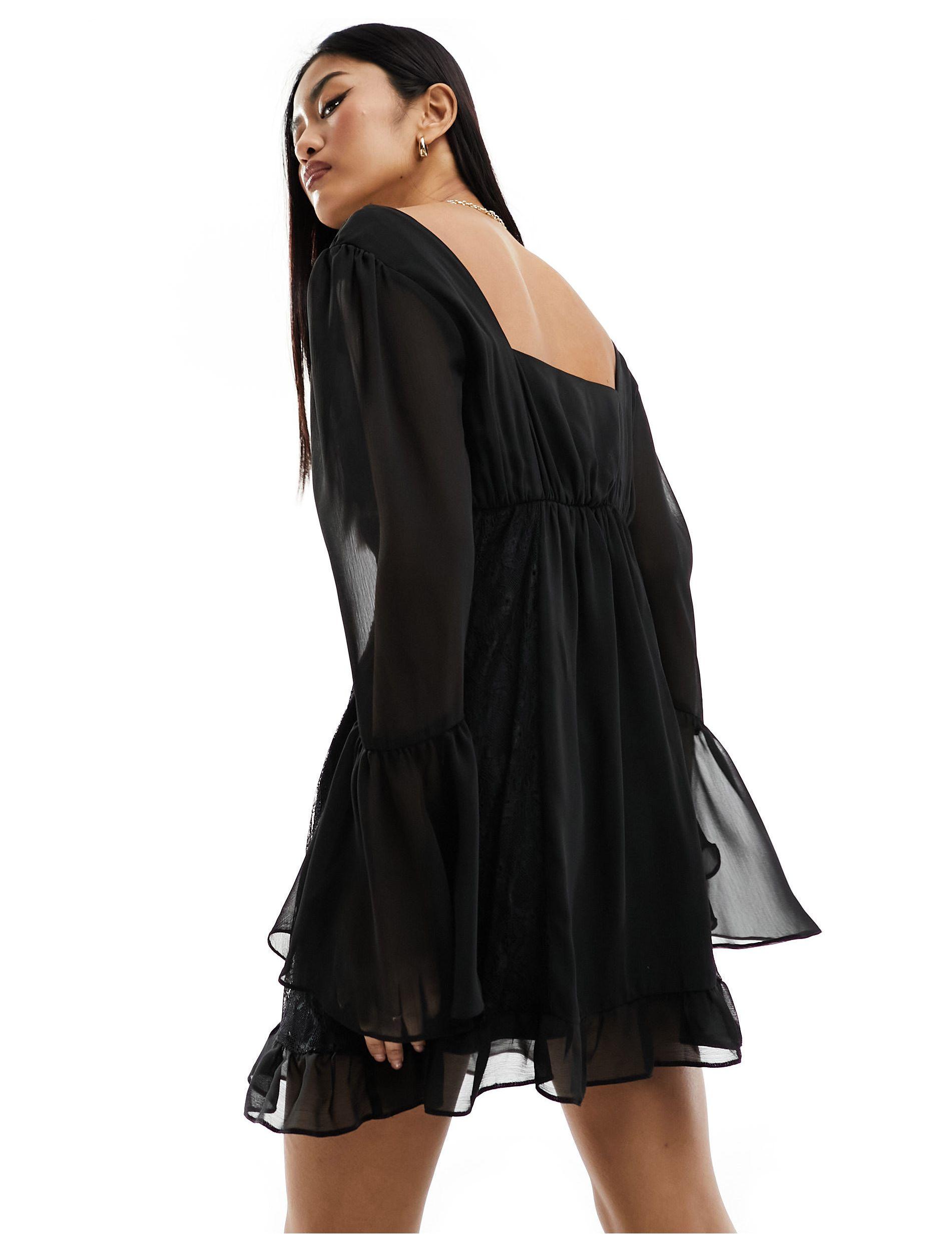 Miss Selfridge Chiffon Lace Mix Tie Front Mini Dress in Black | Lyst UK