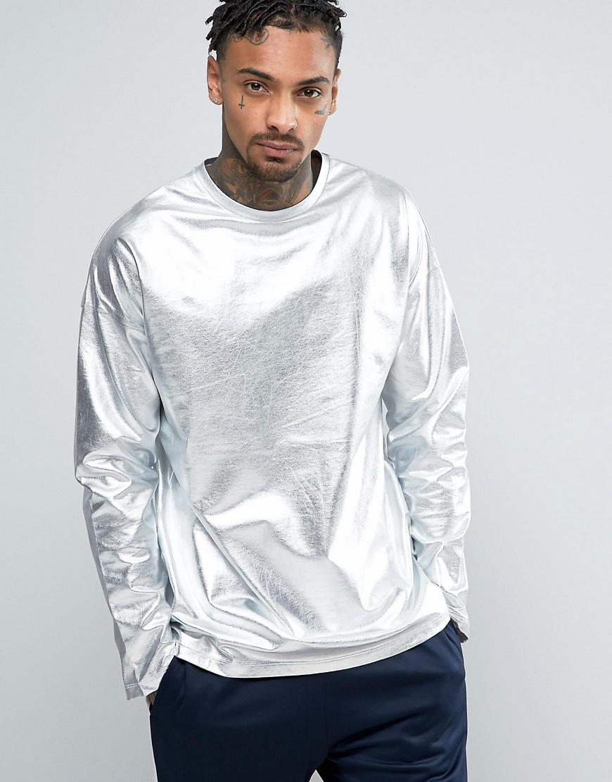 ASOS Oversized Long Sleeve T-shirt In Metallic Silver for Men | Lyst