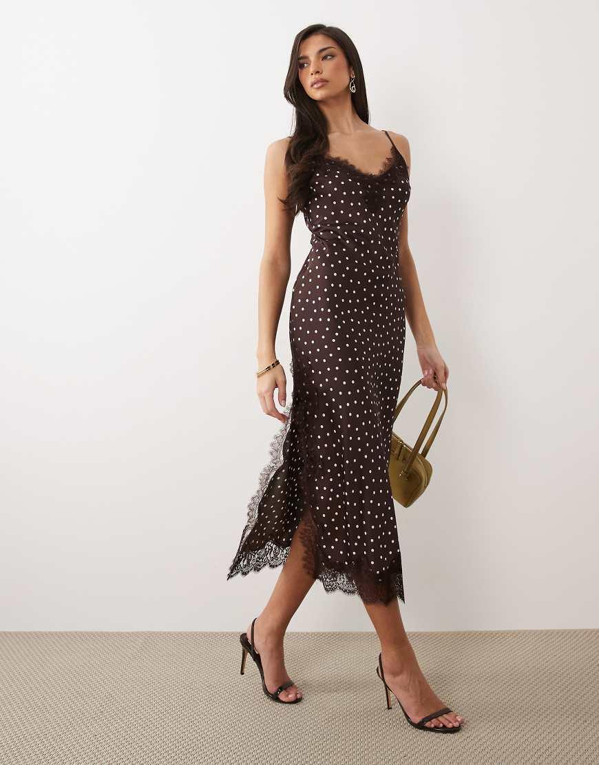Forever Unique Brown Polka Dot Dress Yadira Brown Base Polka Dot Chiffon  Maxi Dress