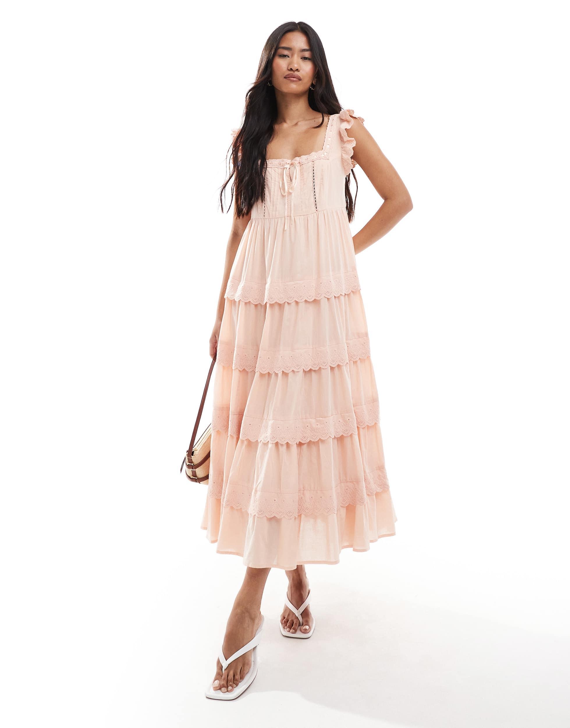 chinese dress ladies Ivory Broderie Anglaise Mini Tiered Dress