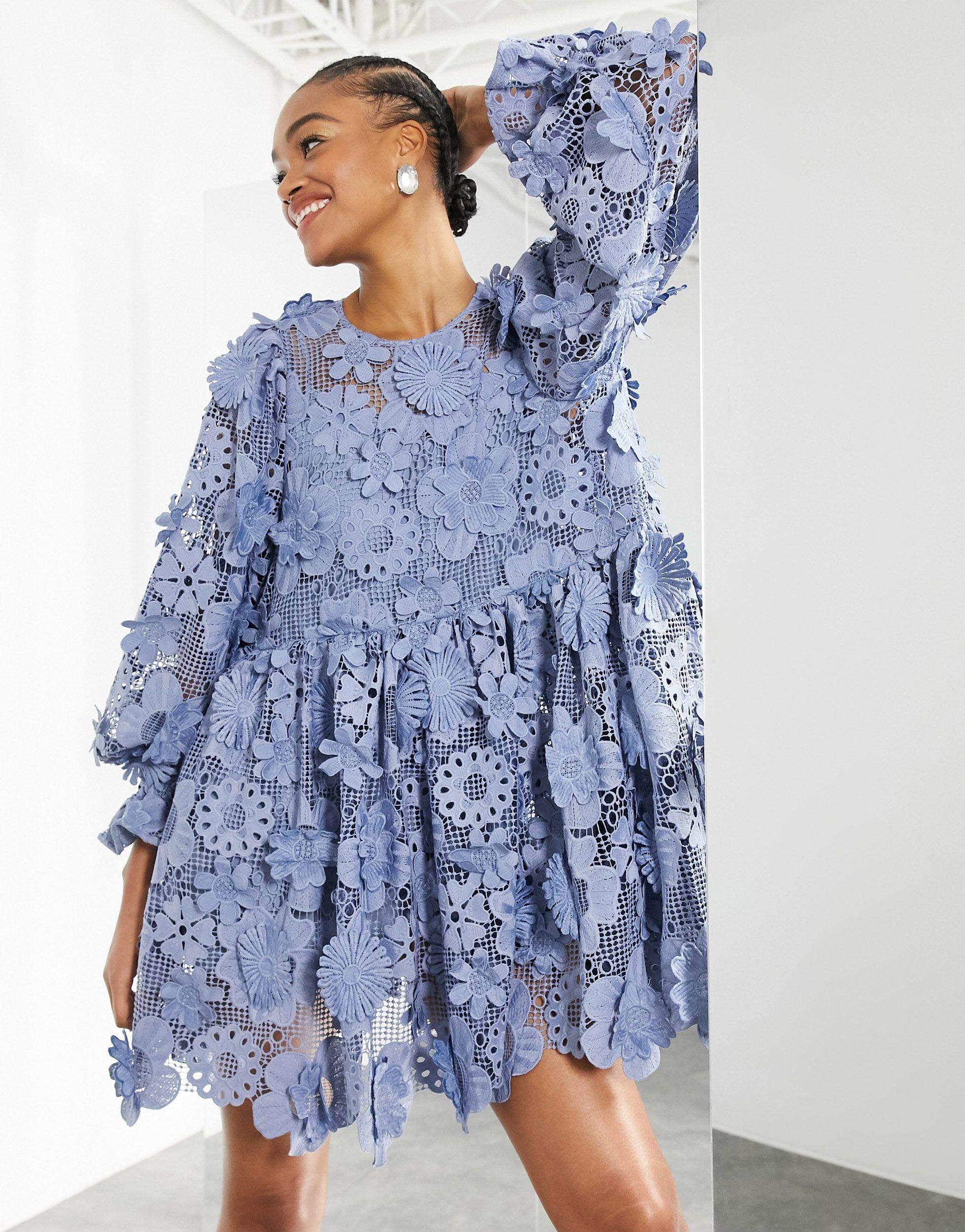ASOS Tiered Mini Dress With 3d Floral Embroidery in Blue | Lyst