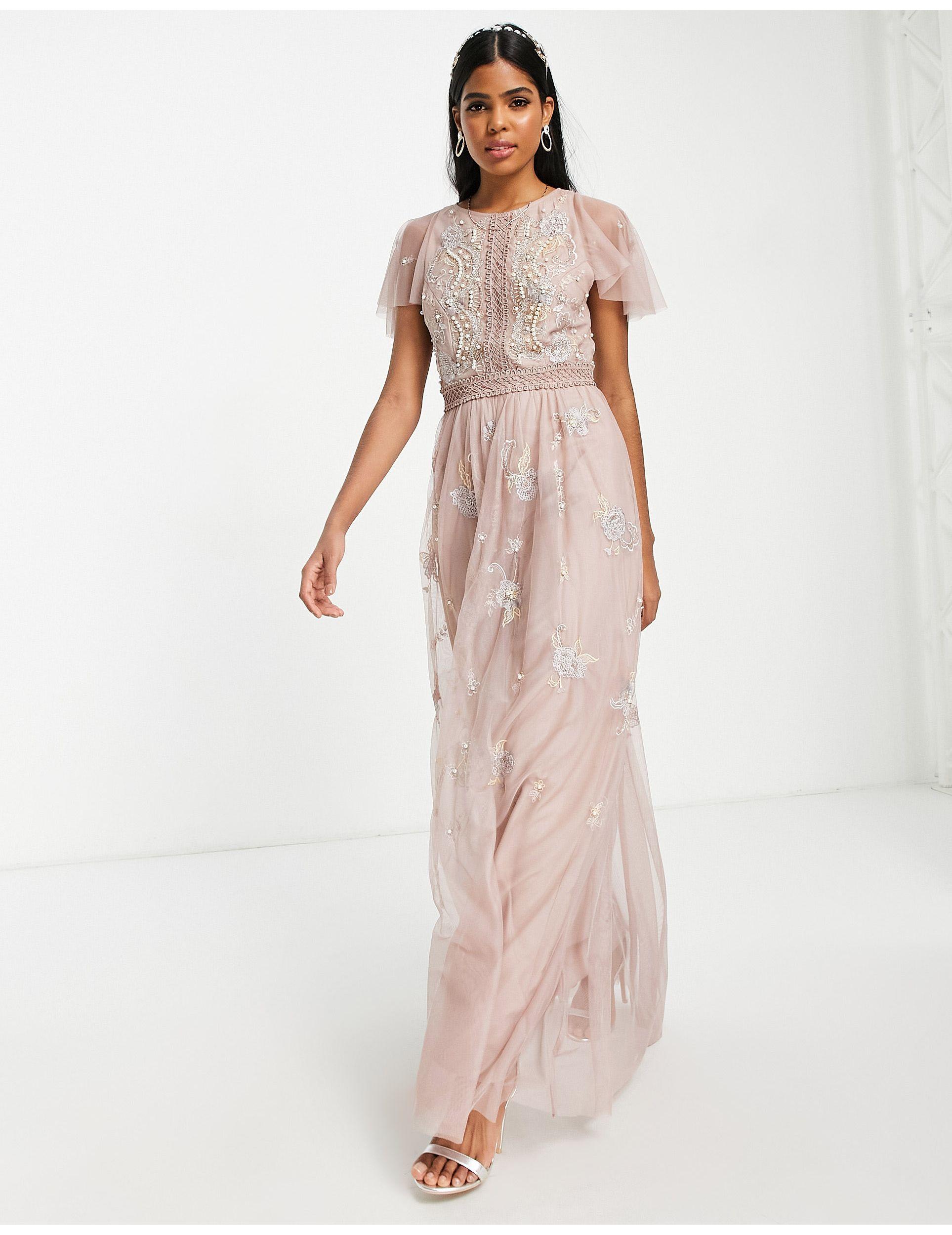 ASOS DESIGN Bridesmaid satin bardot drape wrap maxi dress in olive | ASOS