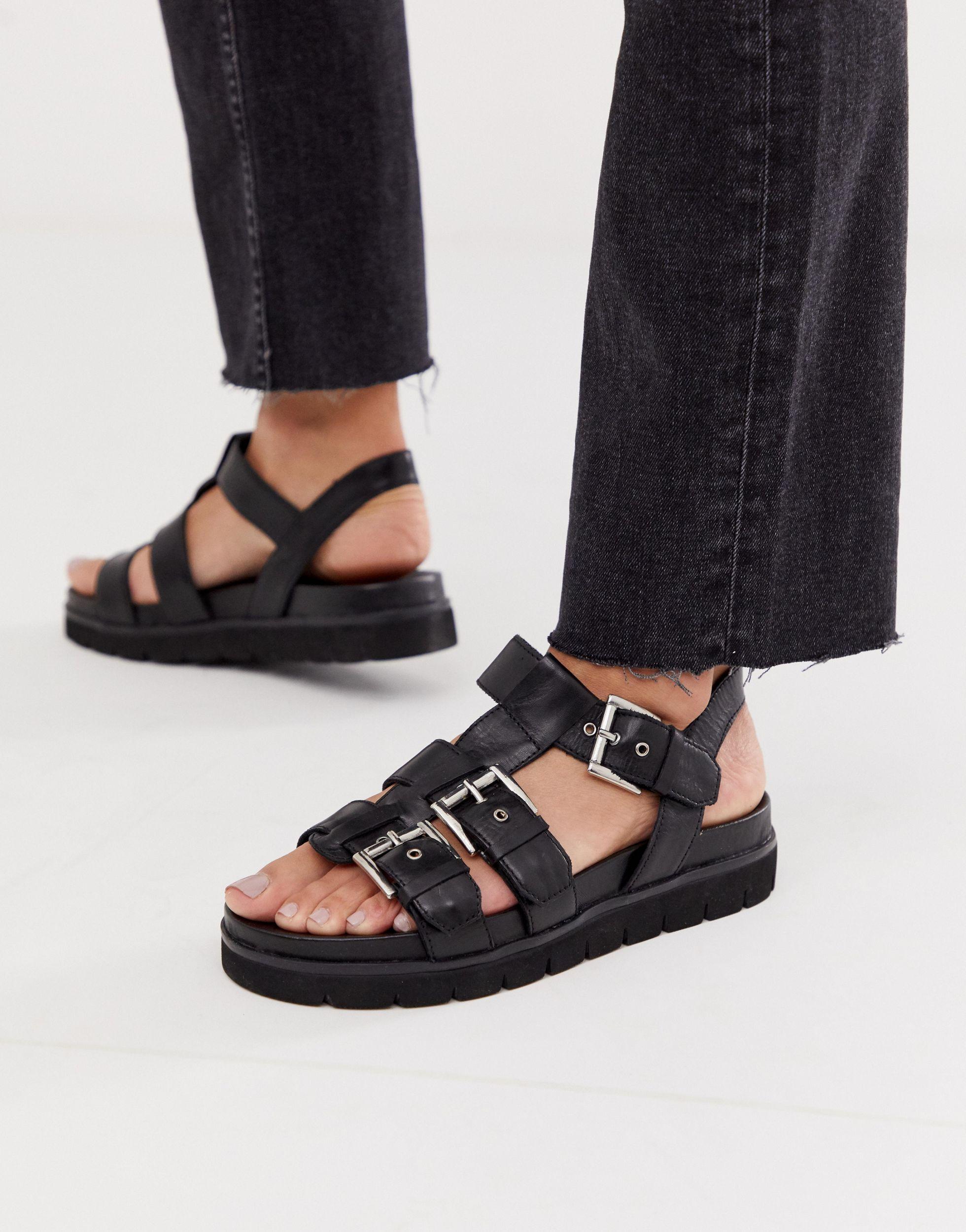 Office Sabrina Black Leather Flat Buckle Sandals - Lyst