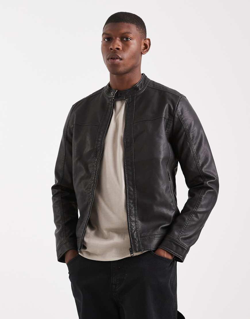 Jack Jones Washed Faux Leather Racer Jacket in Black for Men