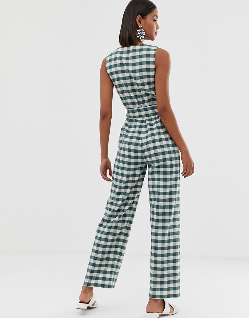 Mango Gingham Printed Jumpsuit in Green | Lyst
