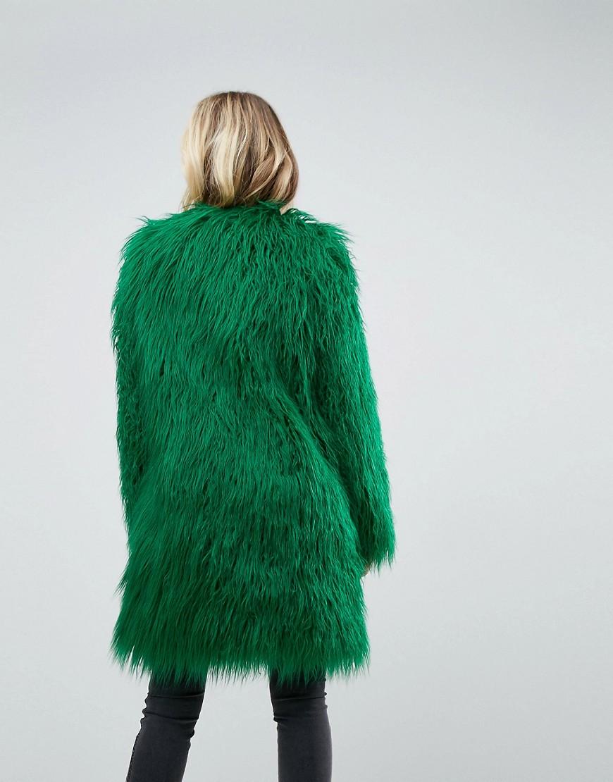 ASOS Asos Midi Coat In Bright Mongolian Faux Fur in Green | Lyst
