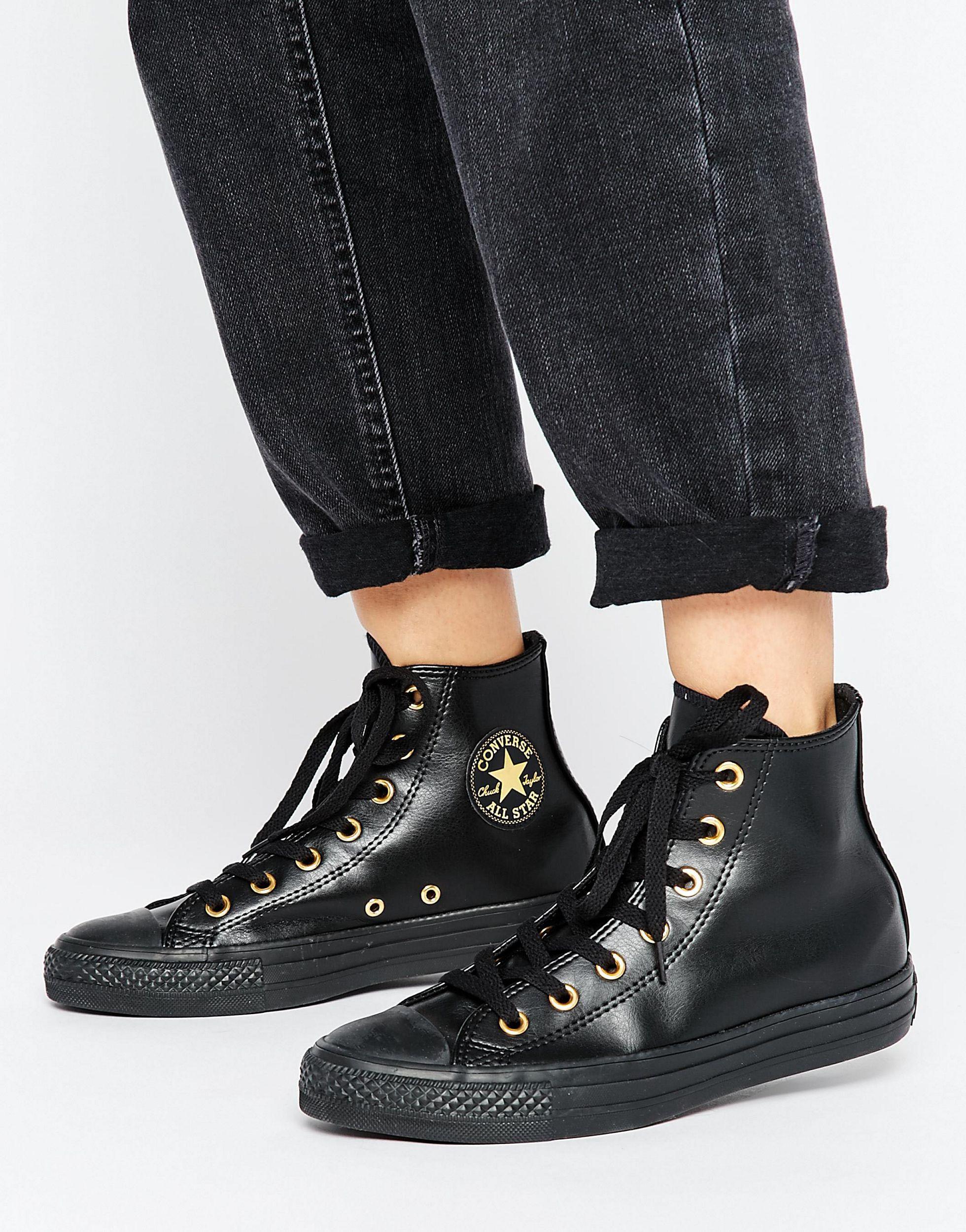 Converse Chuck Taylor Hi Top Sneakers In Black Gold Eyelets | Lyst