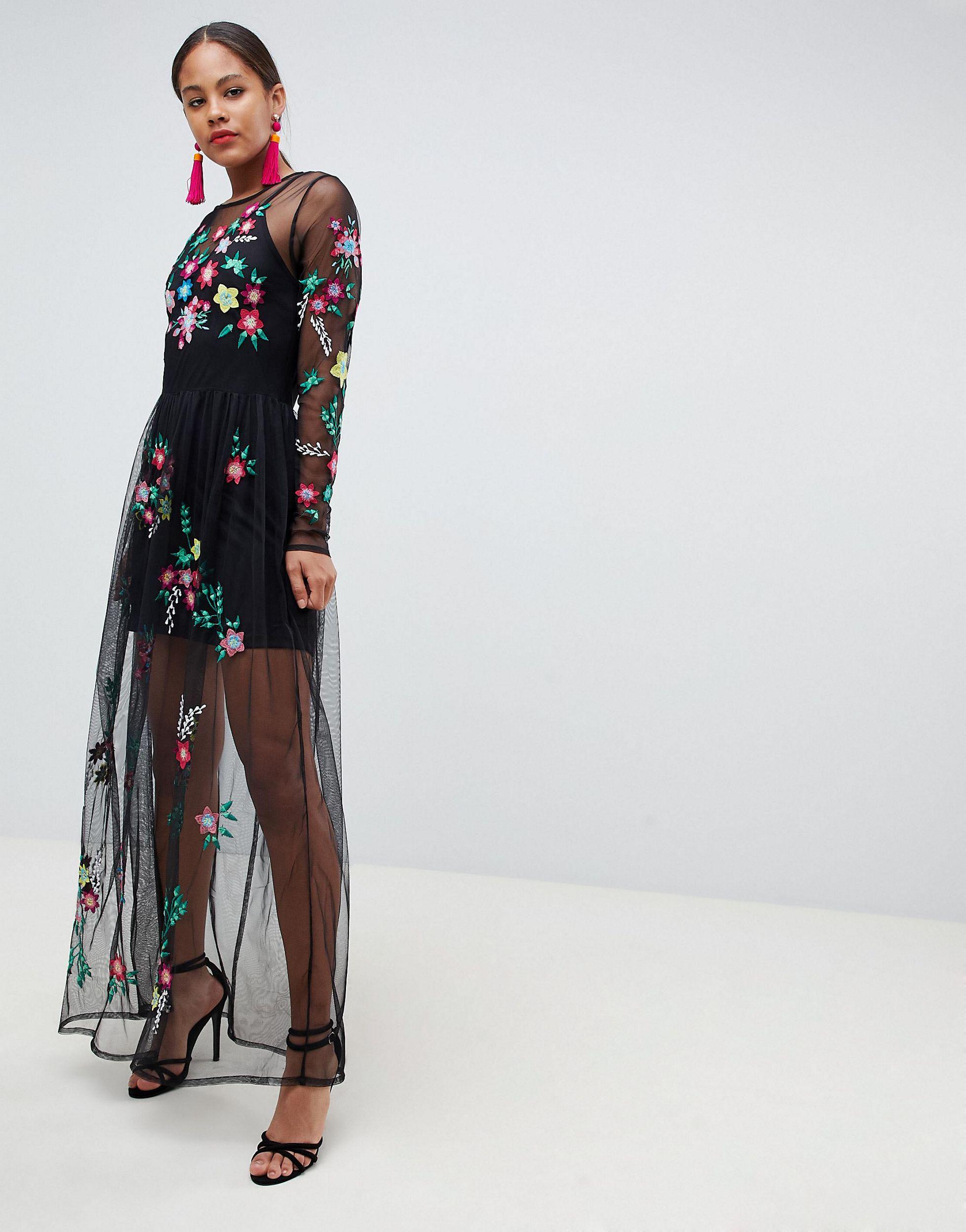 PREMIUM - Robe longue en tulle à fleurs brodées ASOS en coloris Noir | Lyst