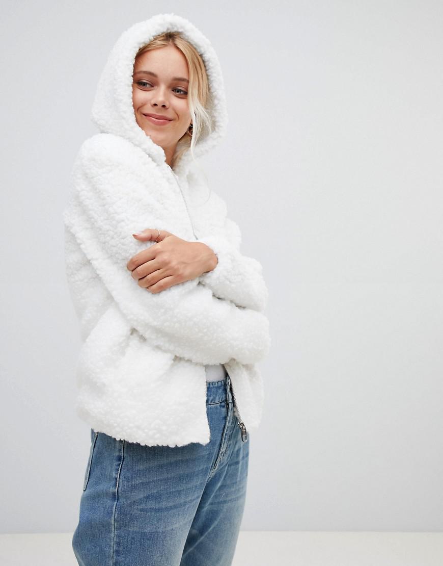 white teddy coat with hood