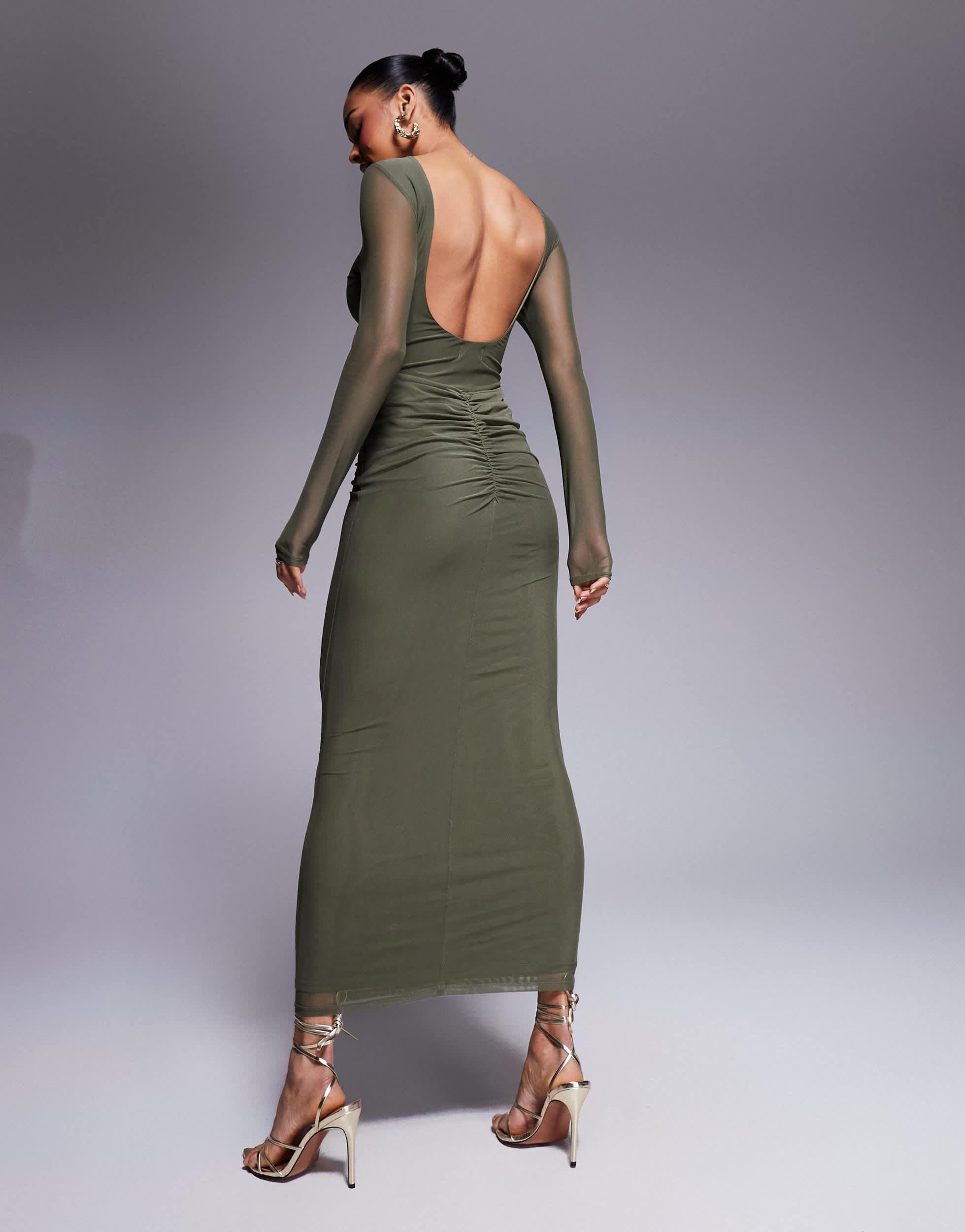ASOS Mesh Long Sleeve Slash Neck Open Back Maxi Dress With Sash in Green |  Lyst