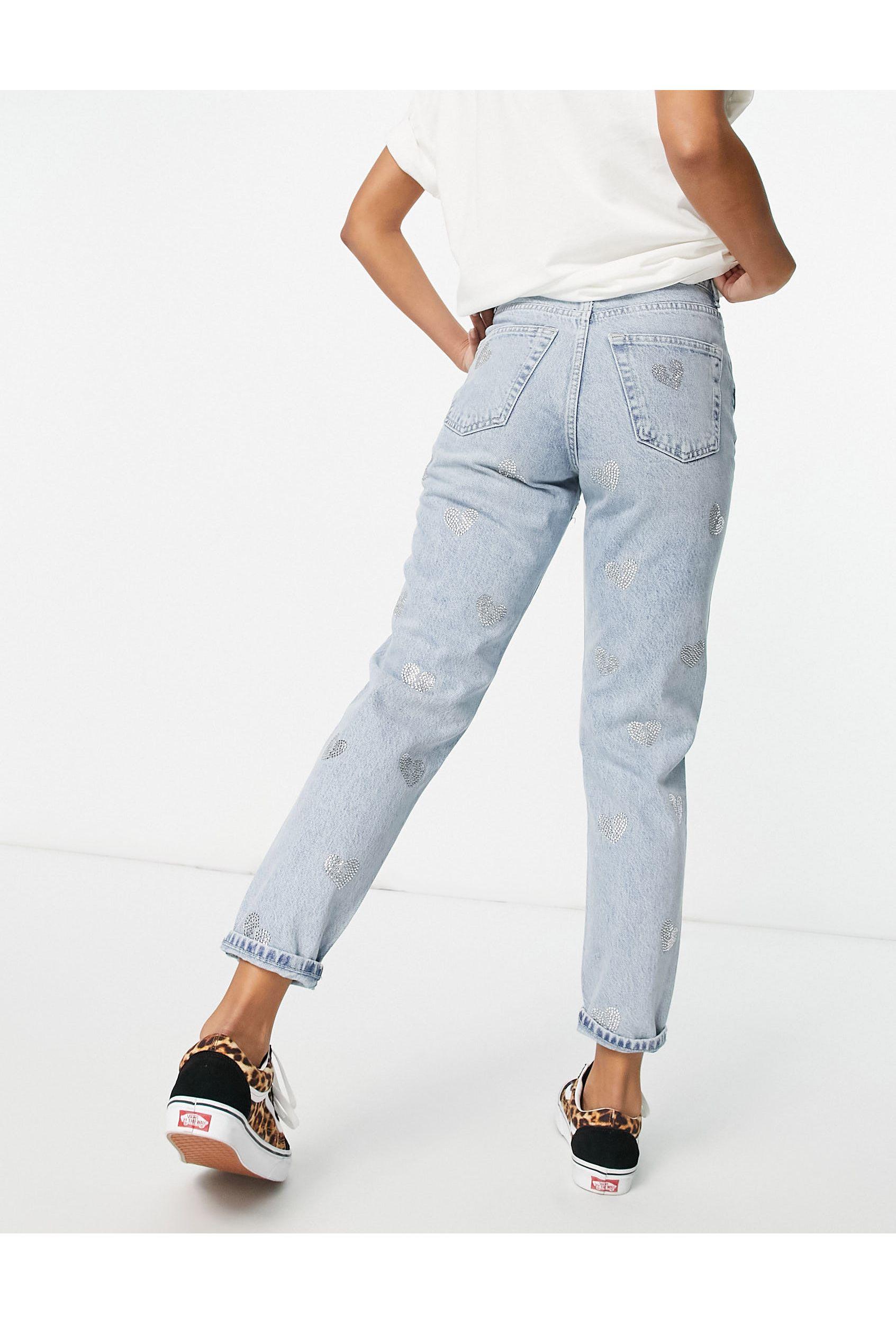 TOPSHOP Denim Mom Jeans With Diamante Hearts in Blue - Lyst