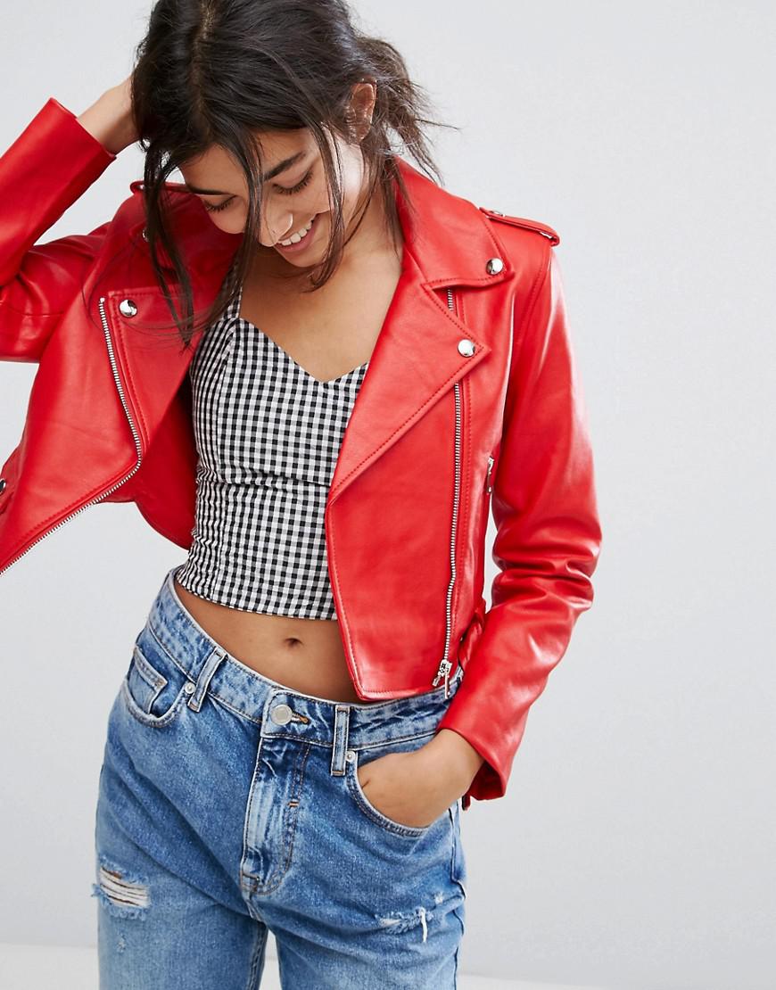 Bershka Leather Look Biker Jacket in Red | Lyst