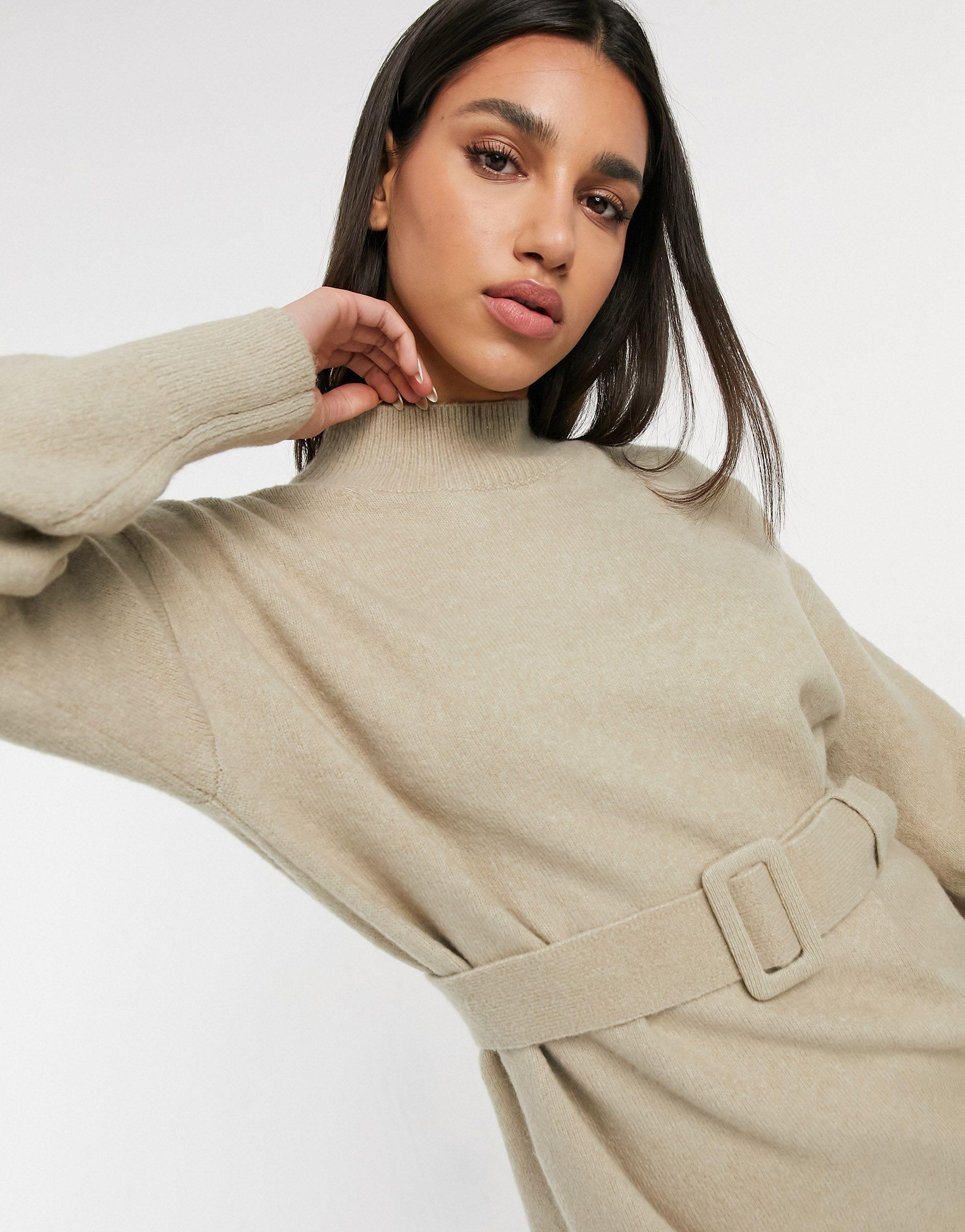 Knitted Belted Mini Dress in Natural 