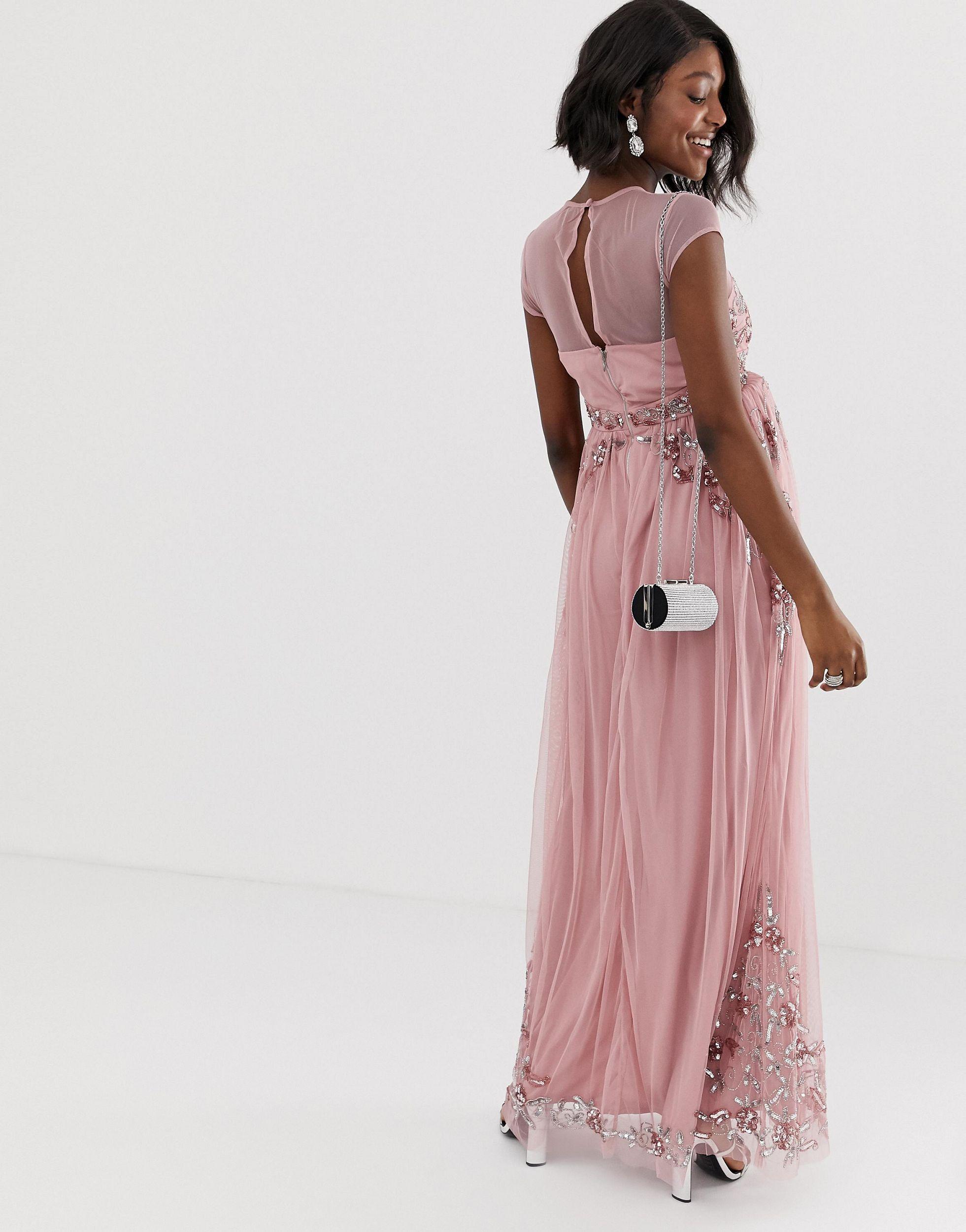 maya high neck keyhole back embellished maxi dress