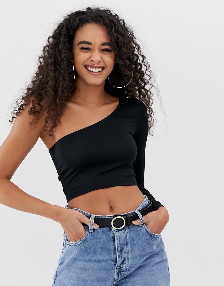 ASOS Denim One Shoulder Long Sleeve Crop Top in Black Lyst
