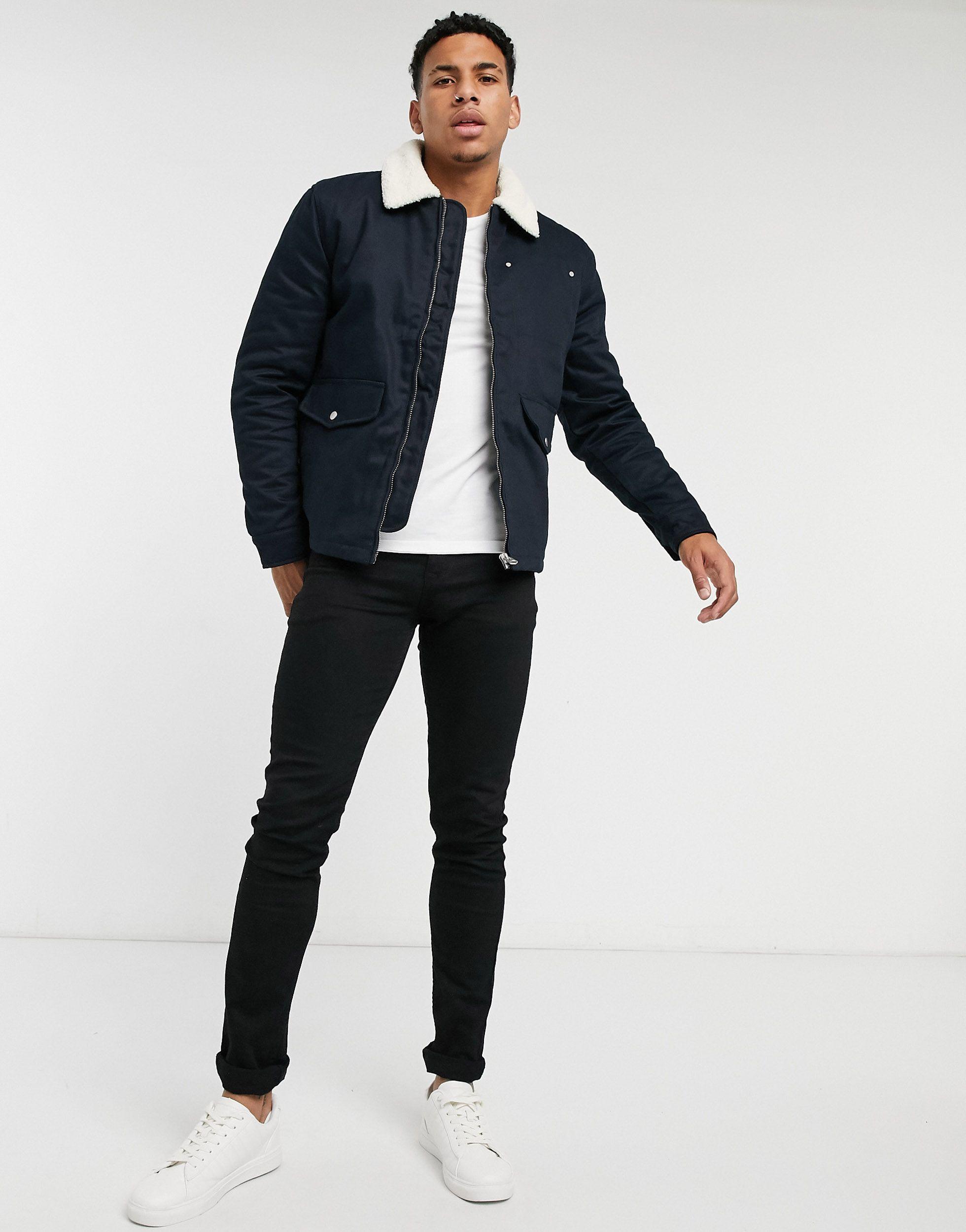 TOPMAN Harrington Jacket With Borg Collar in Blue for Men | Lyst