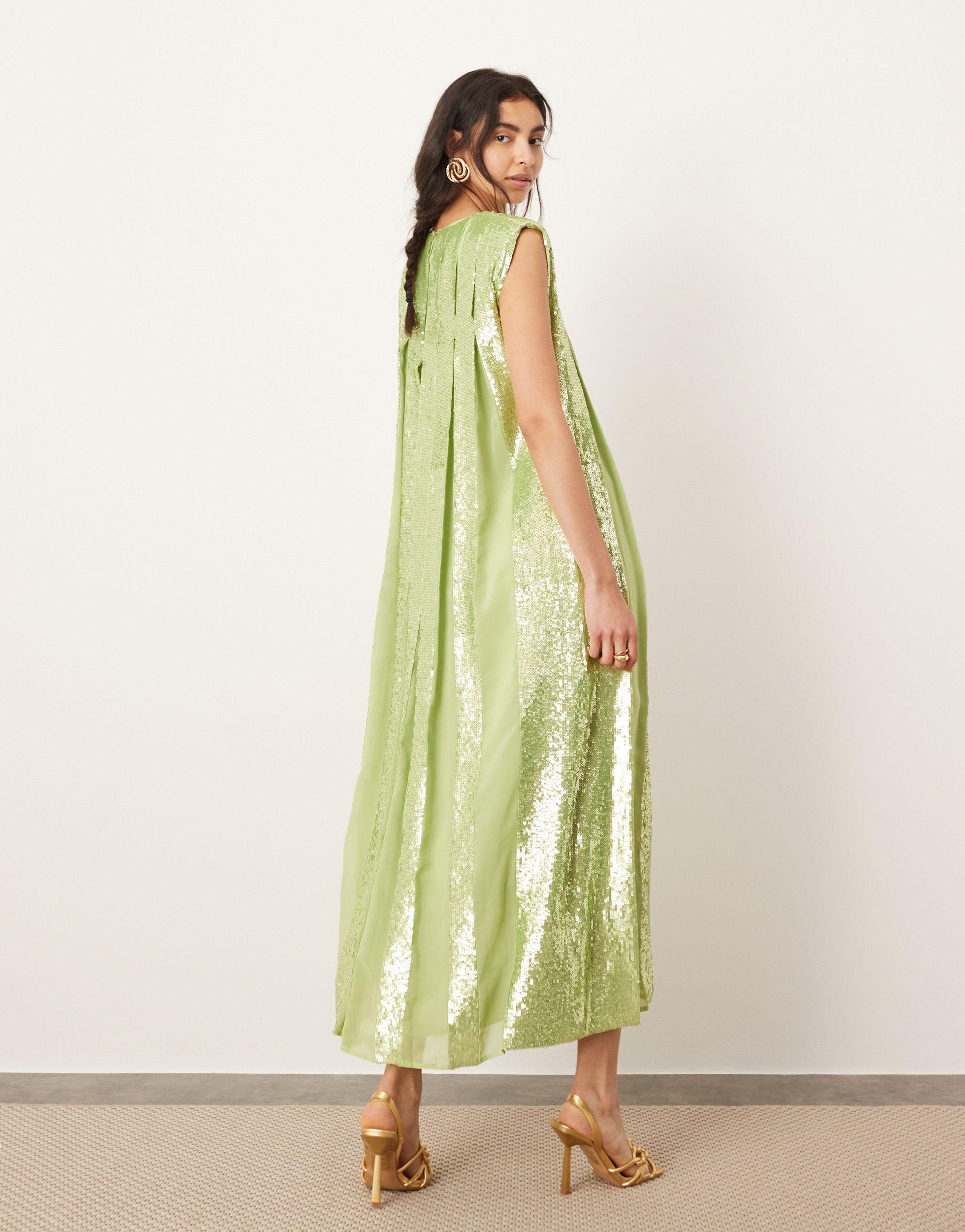 ASOS Embellished Allover Sequin Pleat Maxi Dress in Green | Lyst
